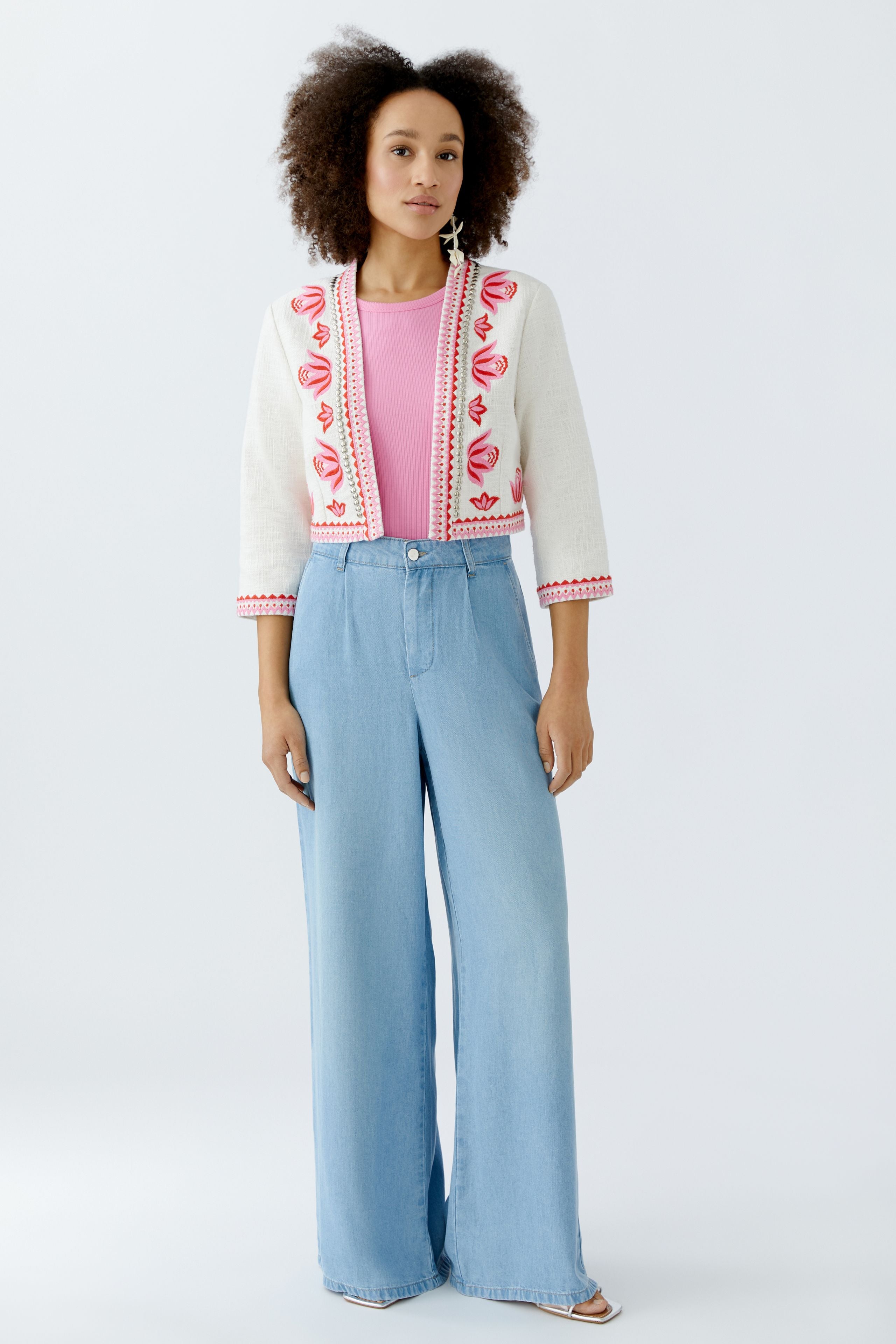 Oui embroidered flower bolero jacket styled with pink top 