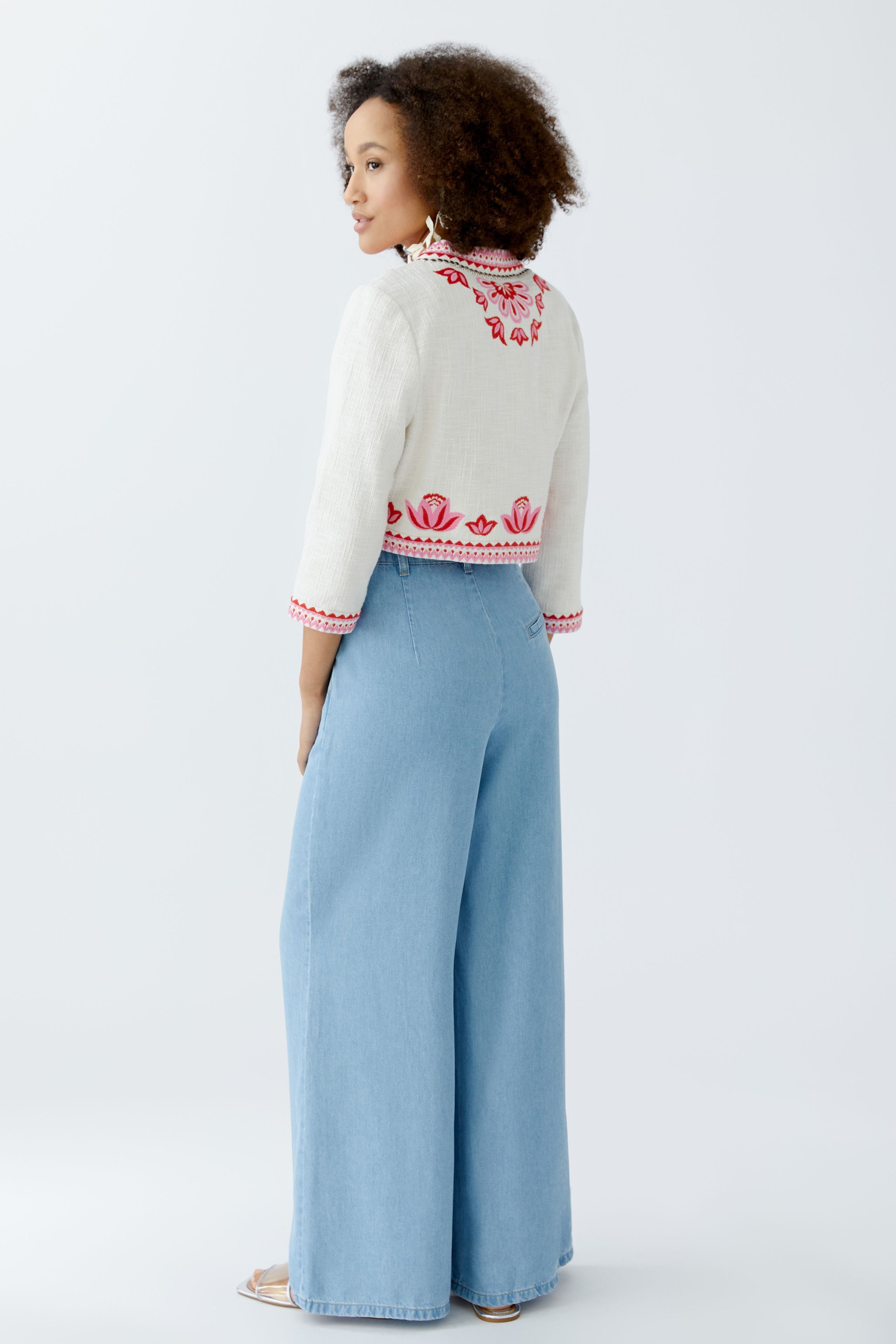 Oui bolero jacket with pink scalloped edging and floral detail from back 
