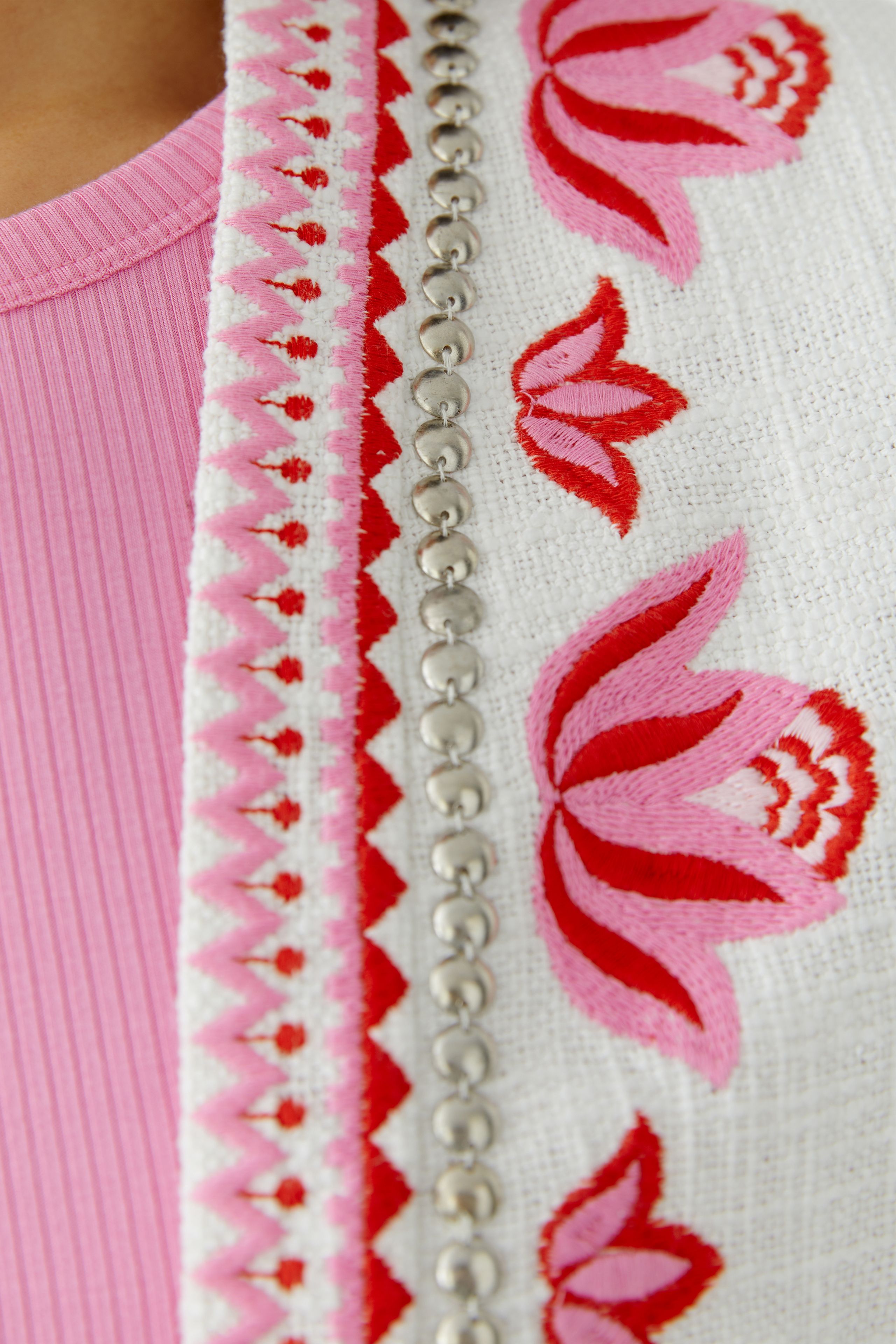 Close-up of red floral embroidery and pearl trim on Oui bolero jacket