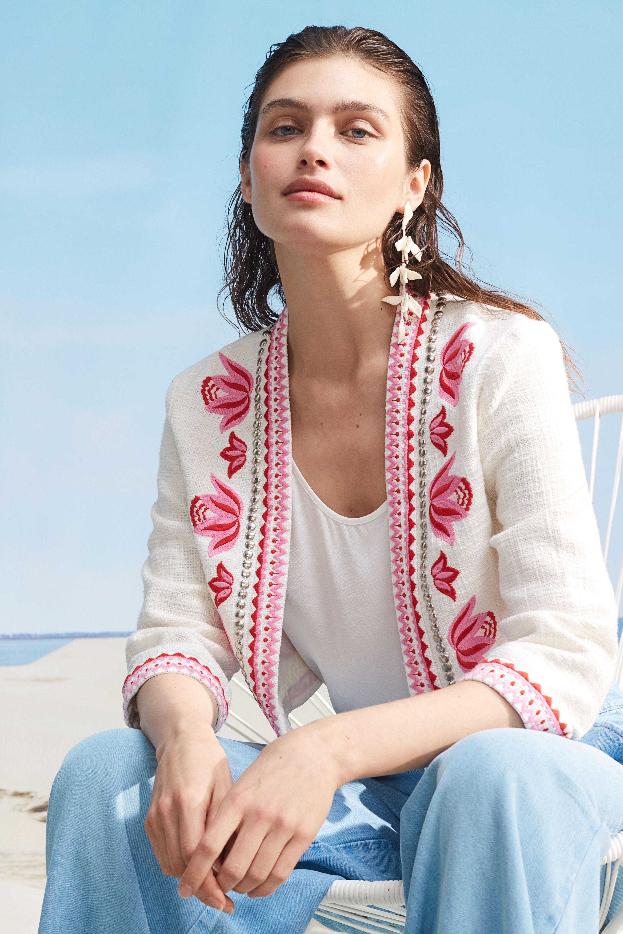 Oui bolero jacket with pink scalloped edging and floral detail 