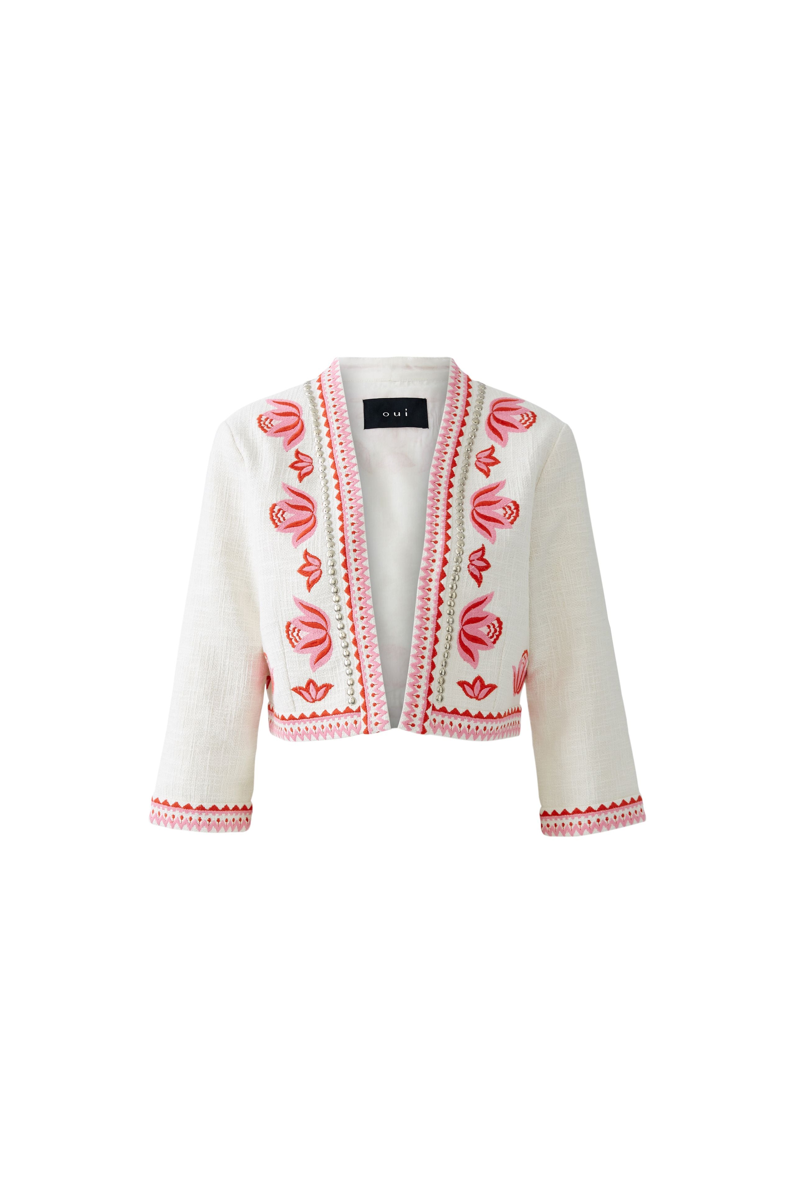 Oui white bolero jacket with red embroidery – flat lay front image