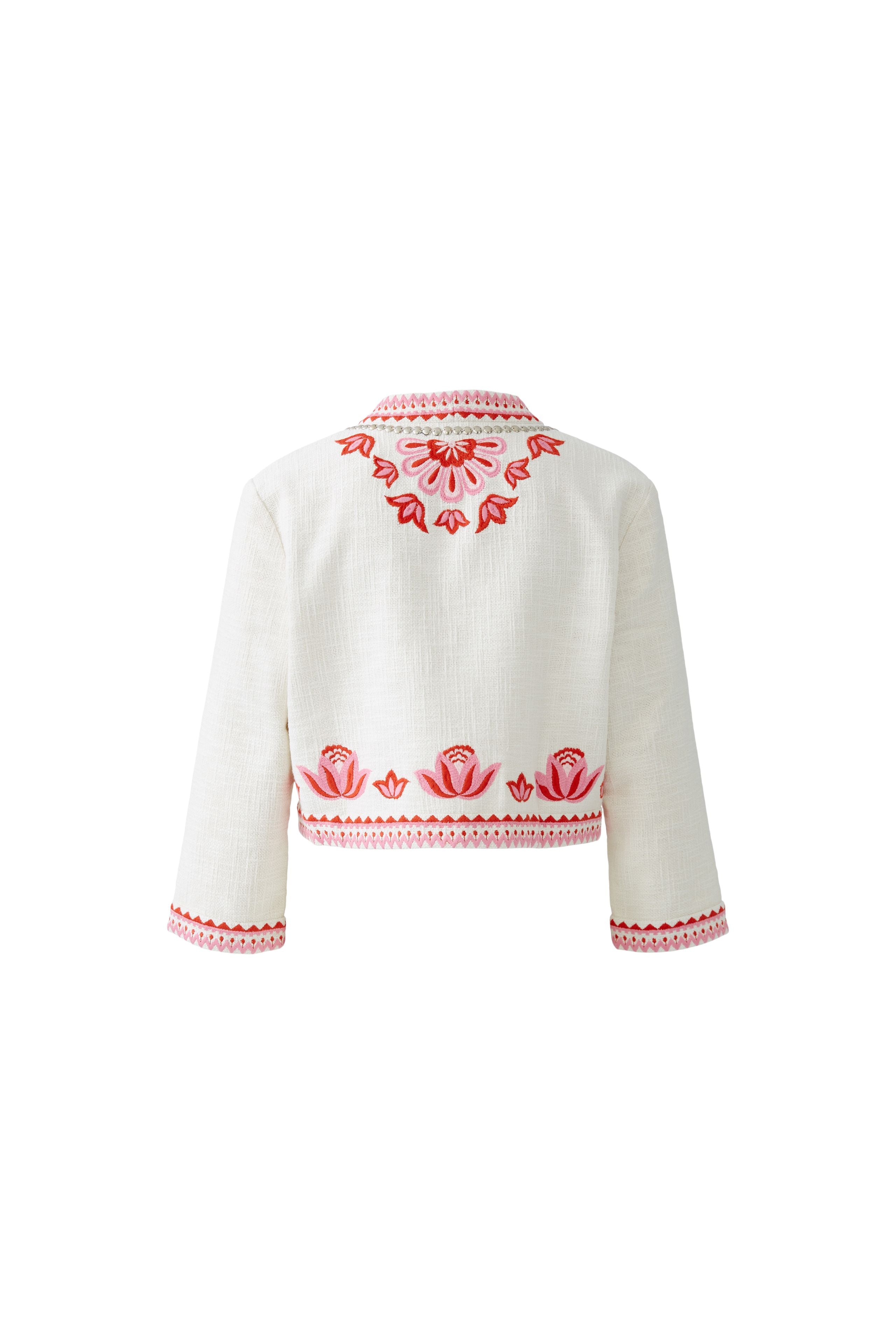 Oui bolero with floral embroidery and scalloped trim – back flat lay