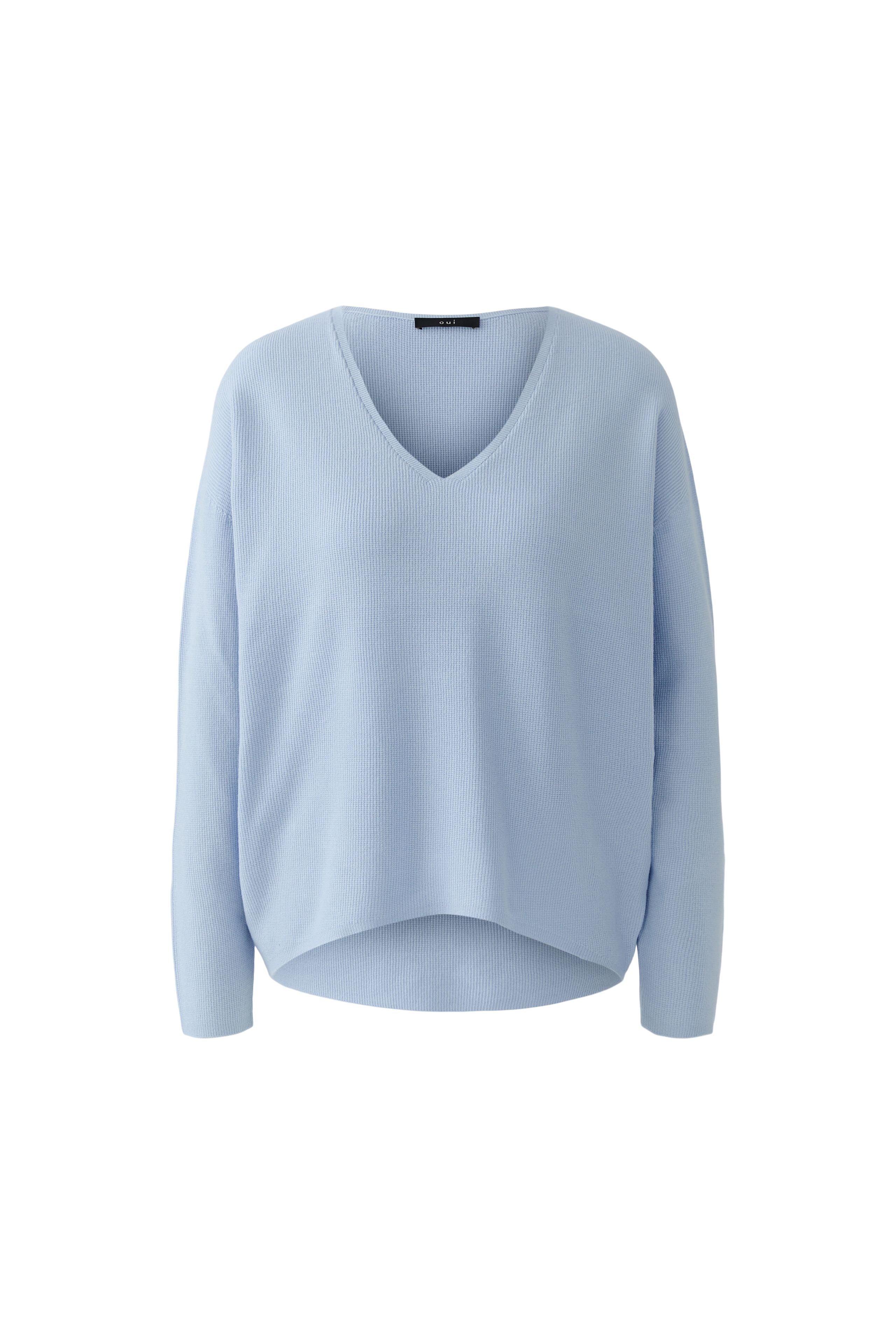 Oui light blue V-neck knit jumper front view relaxed fit