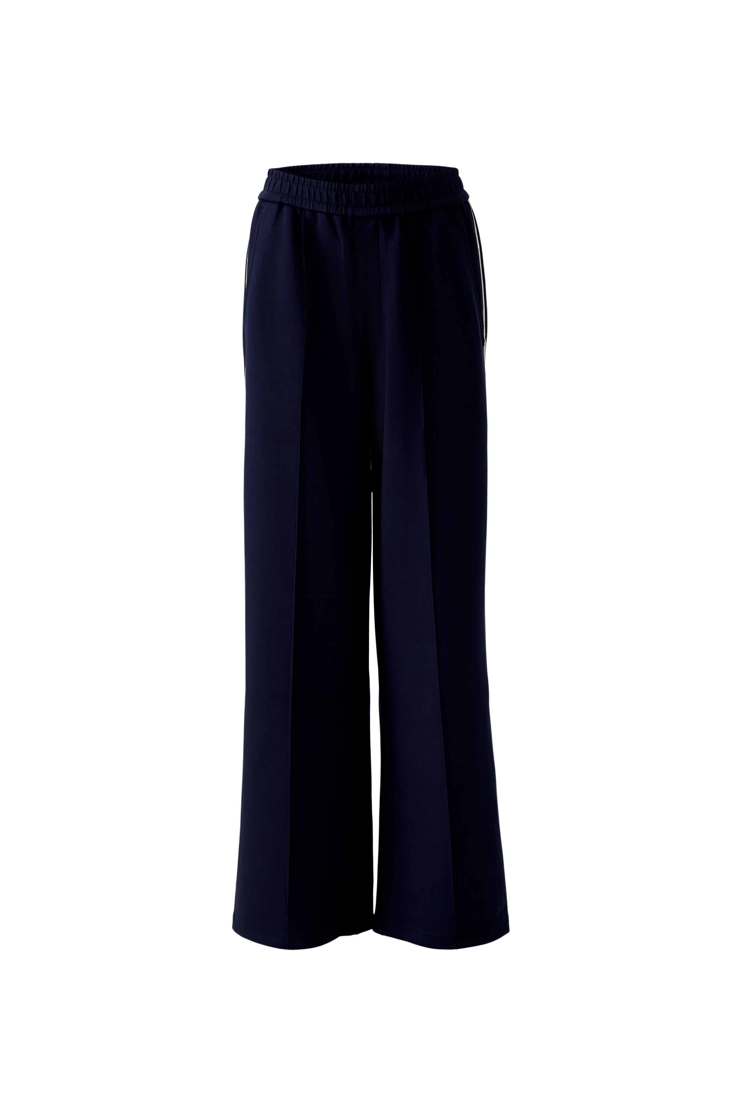 Flat lay of Oui navy wide-leg trousers with contrast stripe detail and clean hem