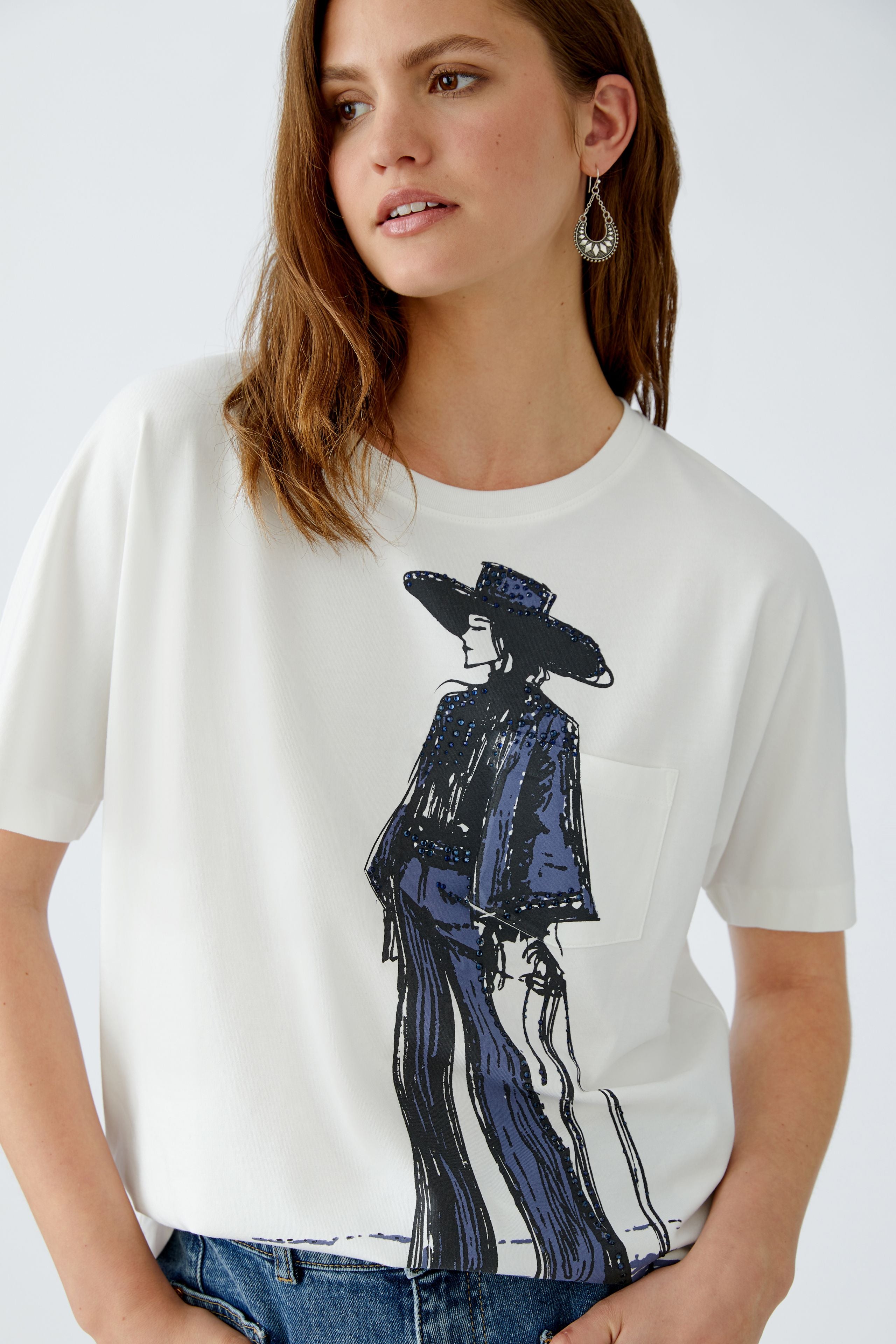 Zoomed-in section of navy rhinestone Oui cowboy graphic print on cotton t-shirt
