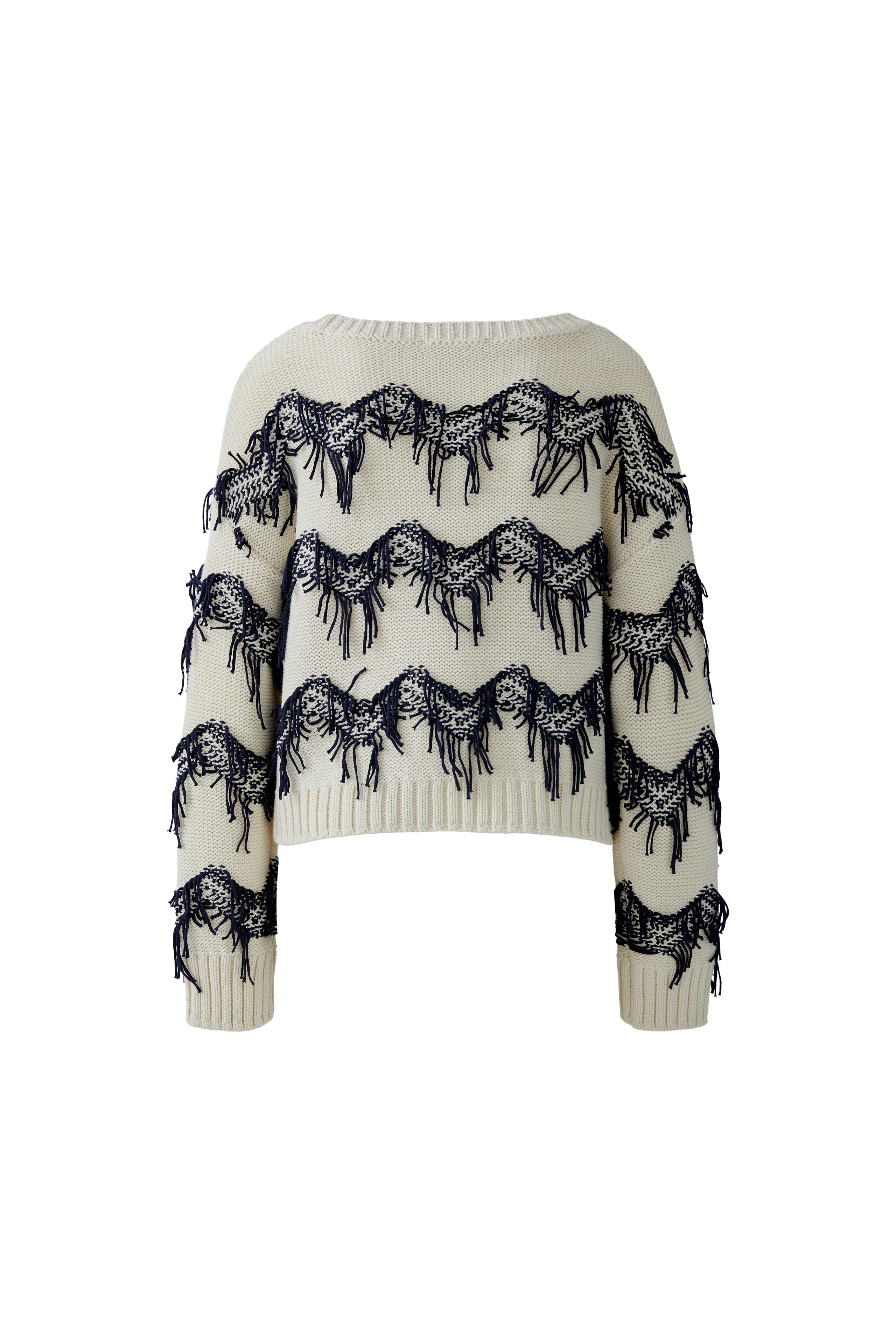 Oui Off-White Fringe Trim Jumper flat lay back view