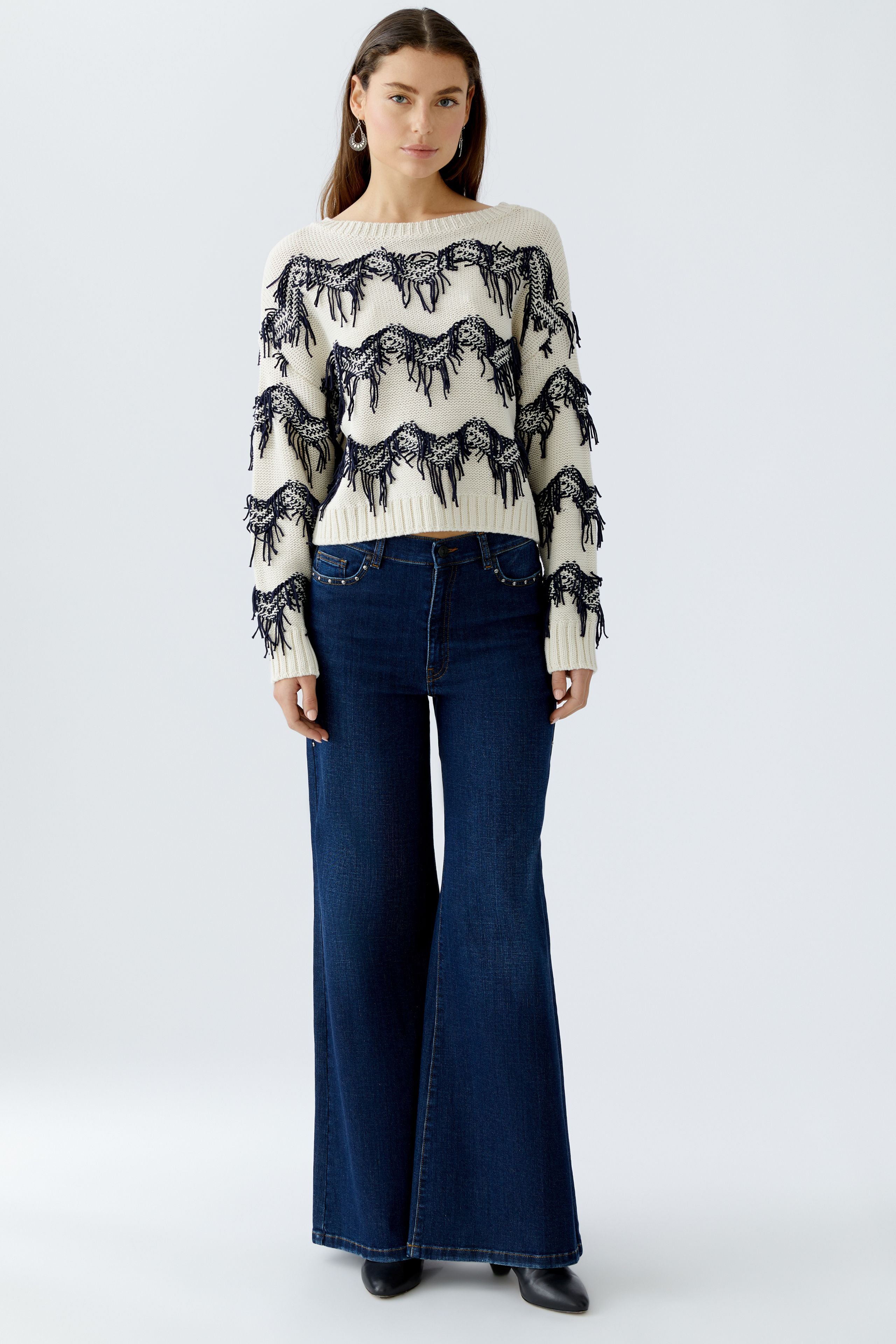 Oui Off-White Fringe Trim Jumper front view on model