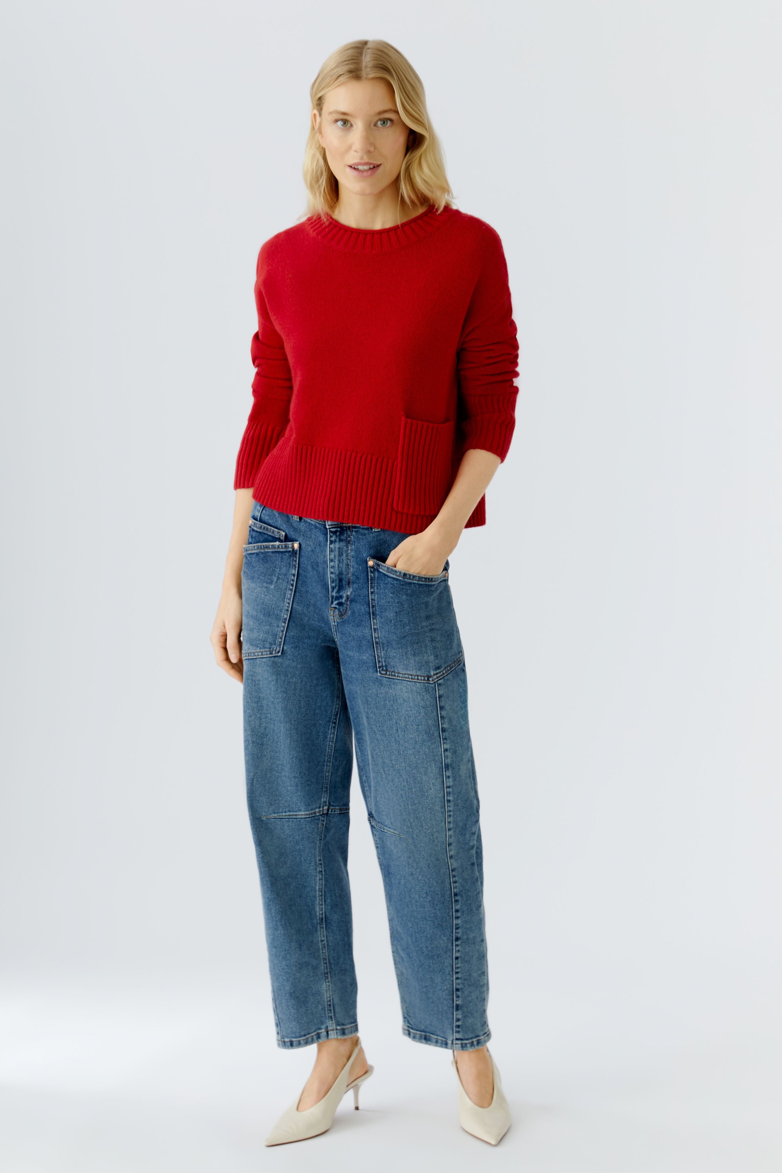 	Oui red wool blend boxy jumper with ribbed pocket, front view