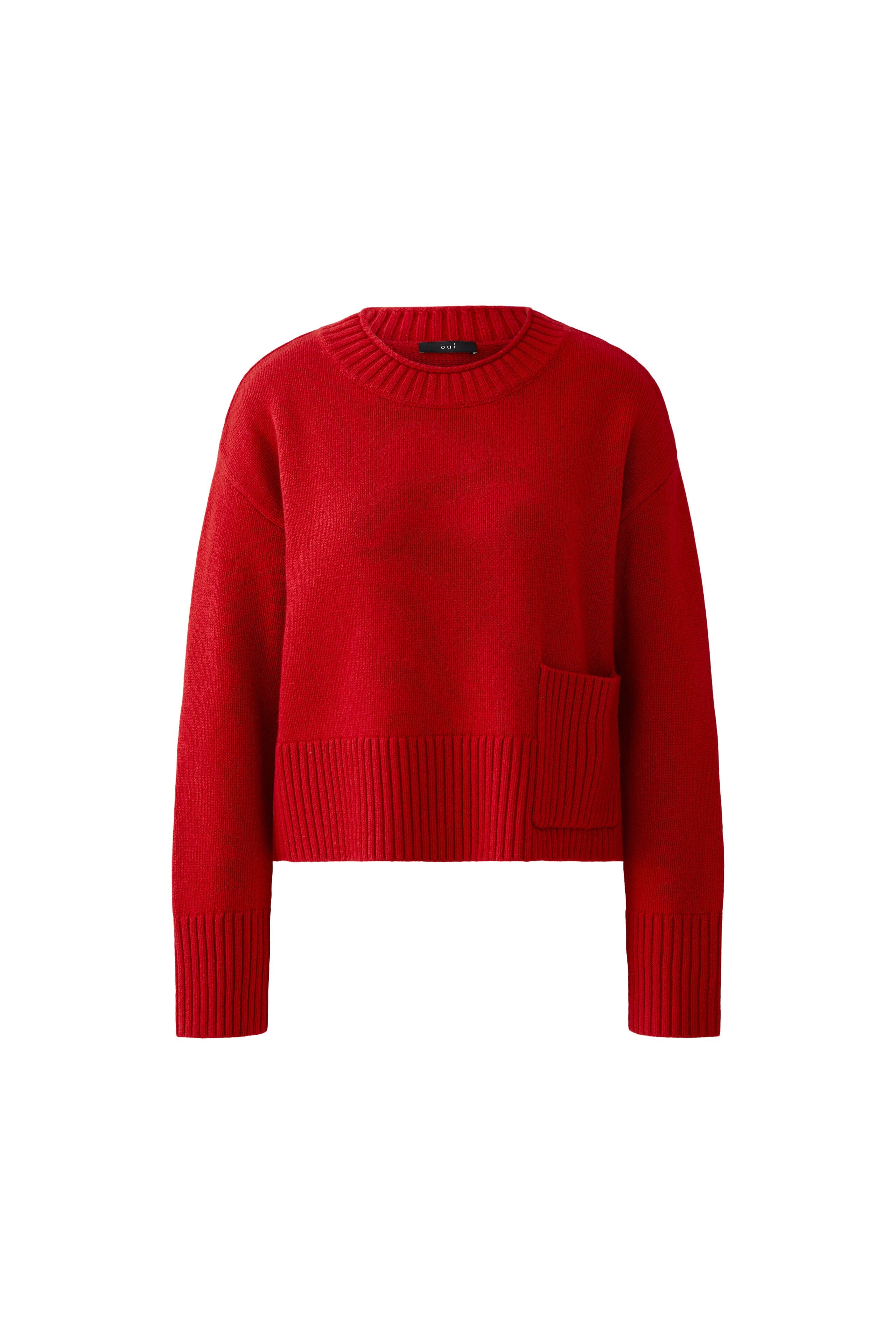 Oui wool blend jumper in red with ribbed texture and large pocket