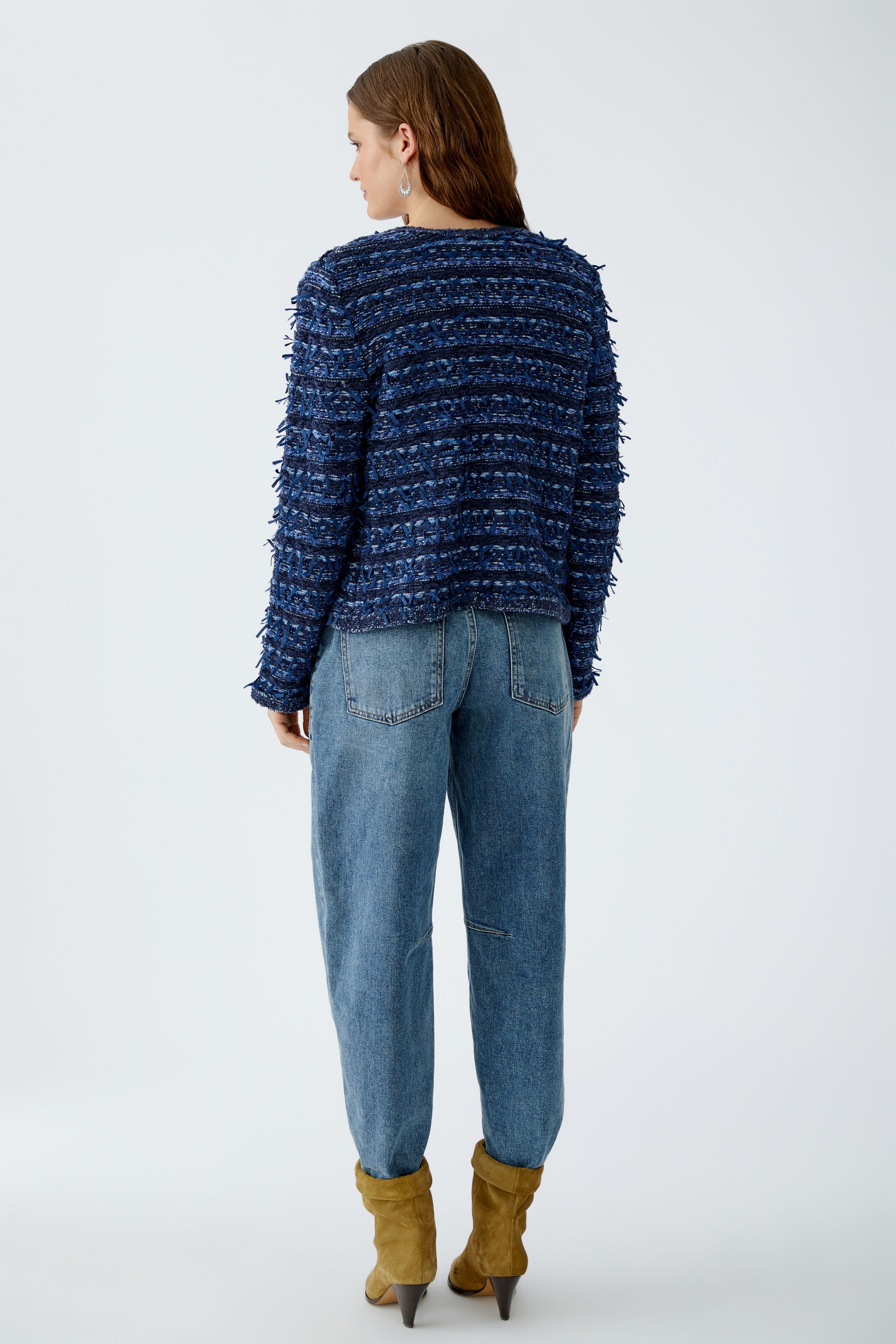 Oui Boucle Style Fringed Jacket rear view on model highlighting cropped hem and fringe