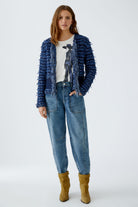 Oui Boucle Style Fringed Jacket full-length front view on model with hands in pockets