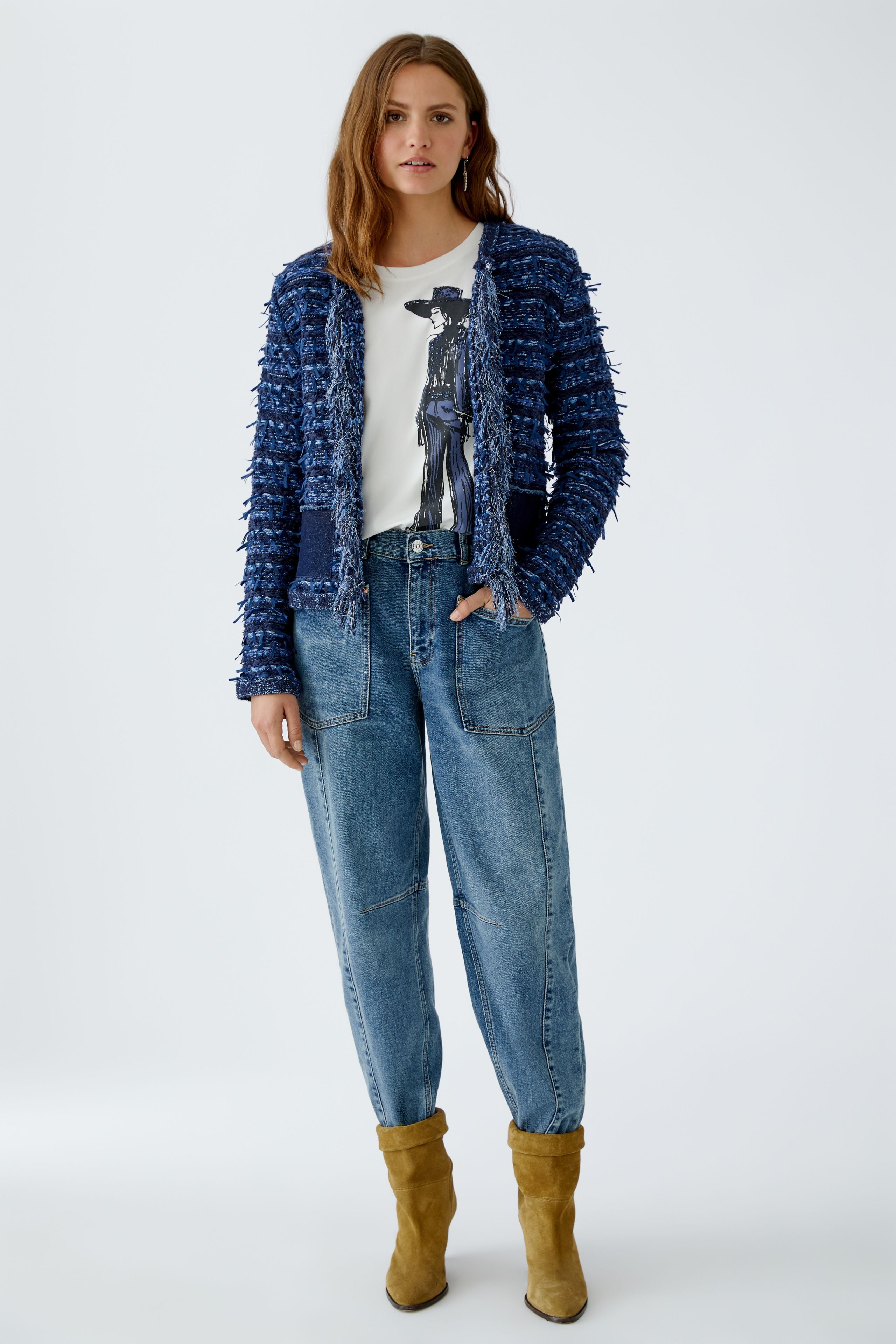 Oui Boucle Style Fringed Jacket full-length front view on model with hands in pockets