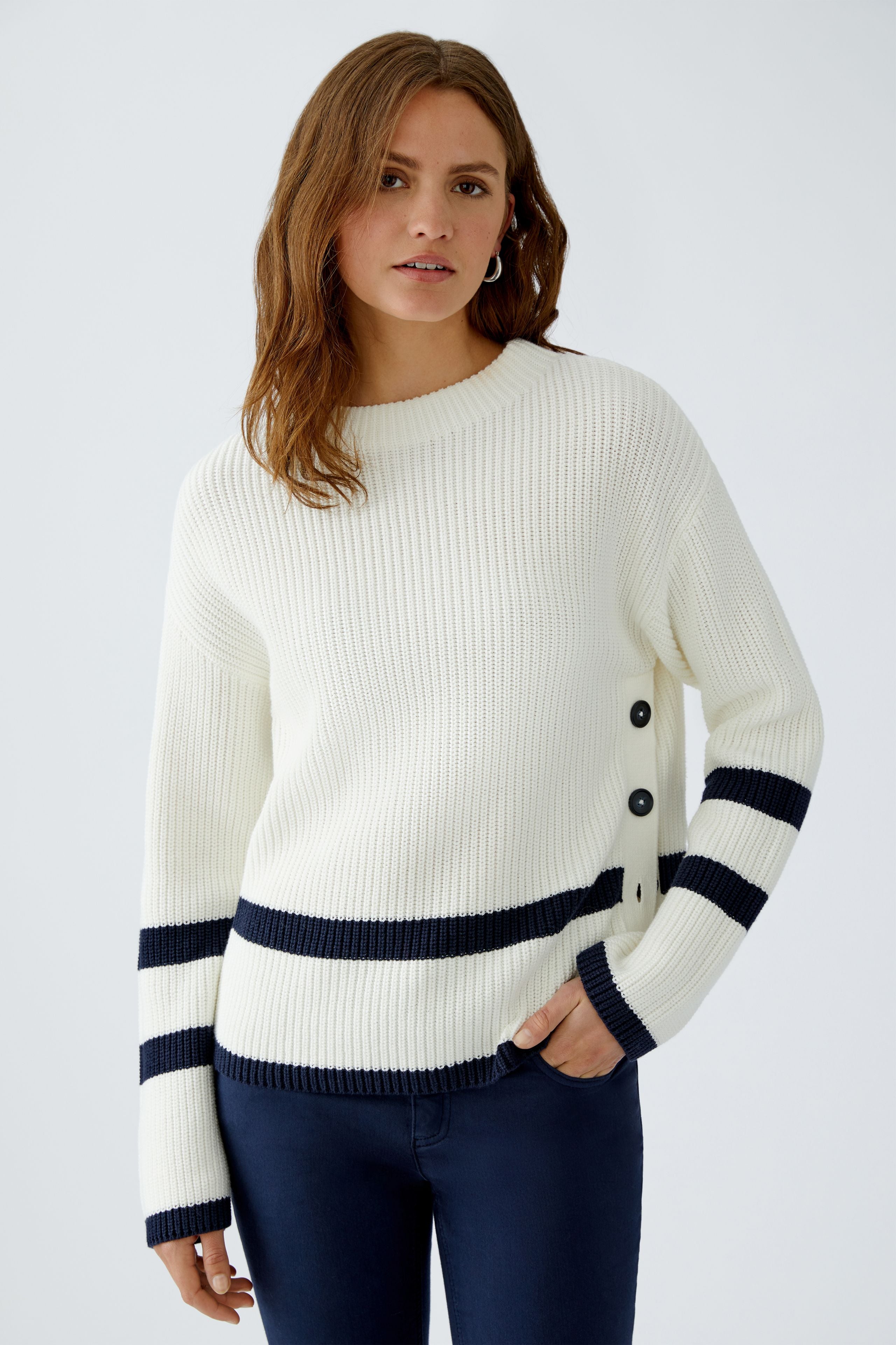 Oui Viniah off-white ribbed jumper with navy hem and cuff stripes and side buttons