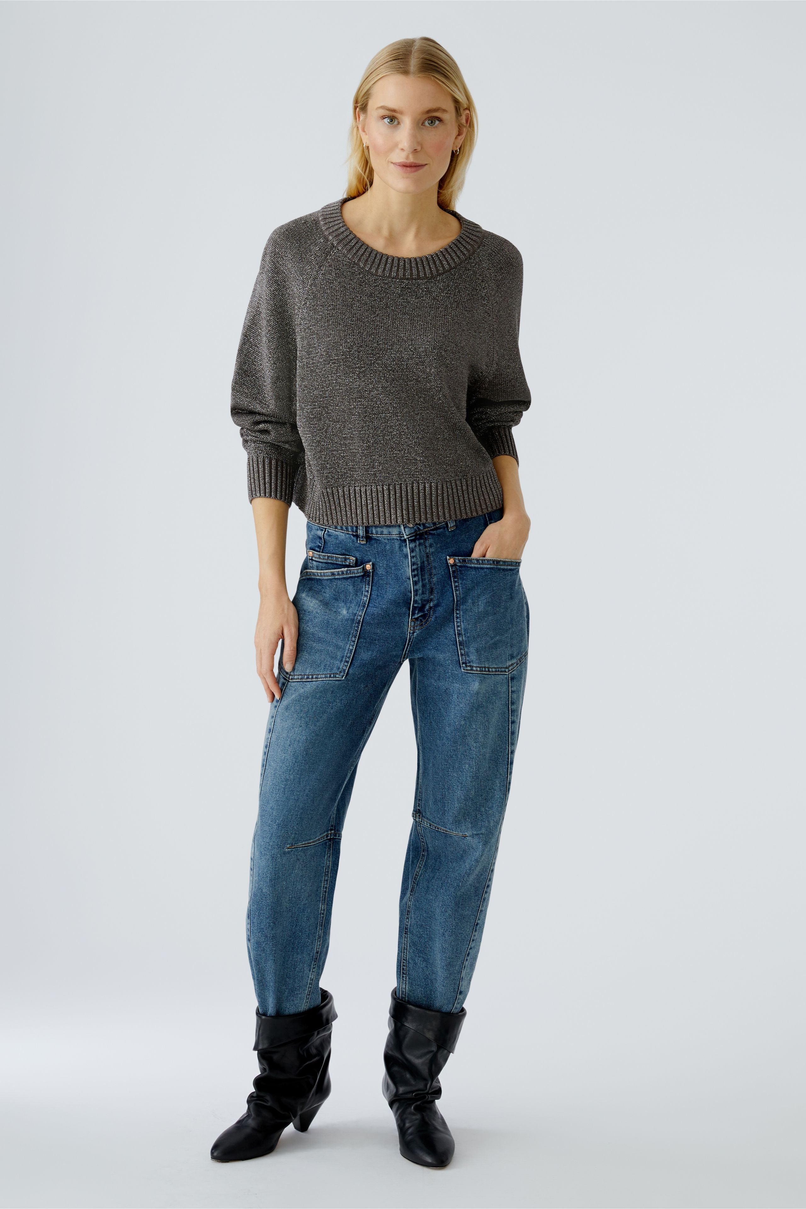 Oui taupe ribbed scoop neck jumper – front view