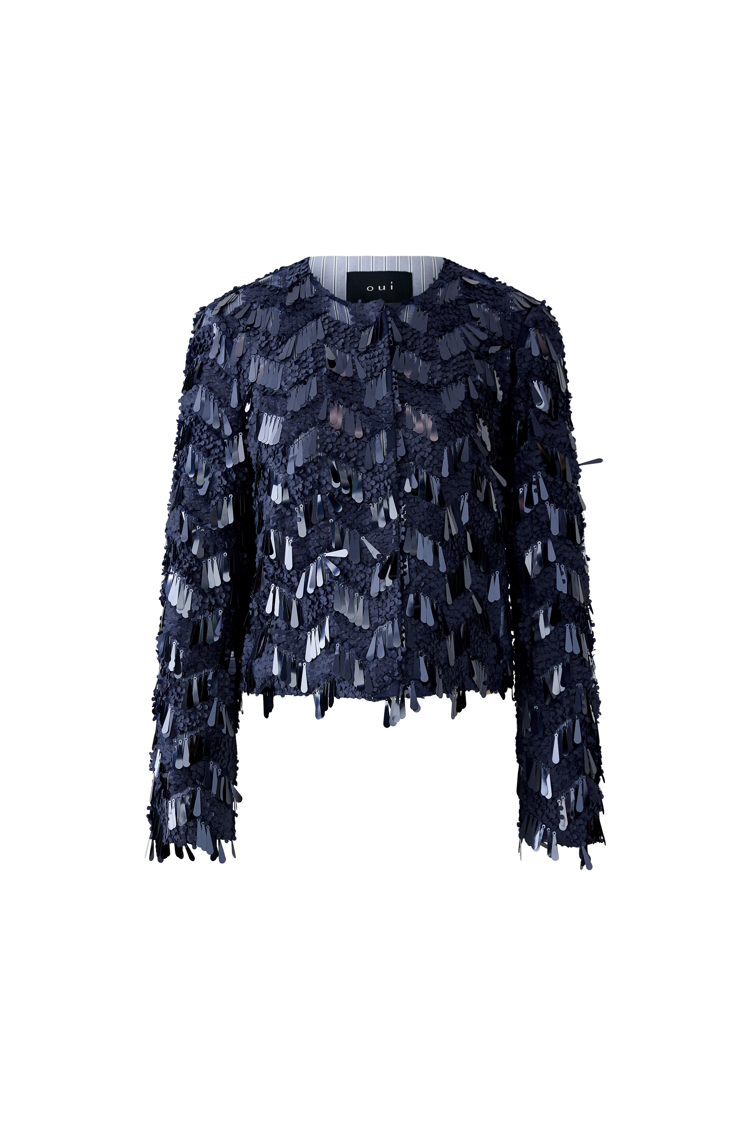 Flat lay back view of Oui dark blue sequin jacket