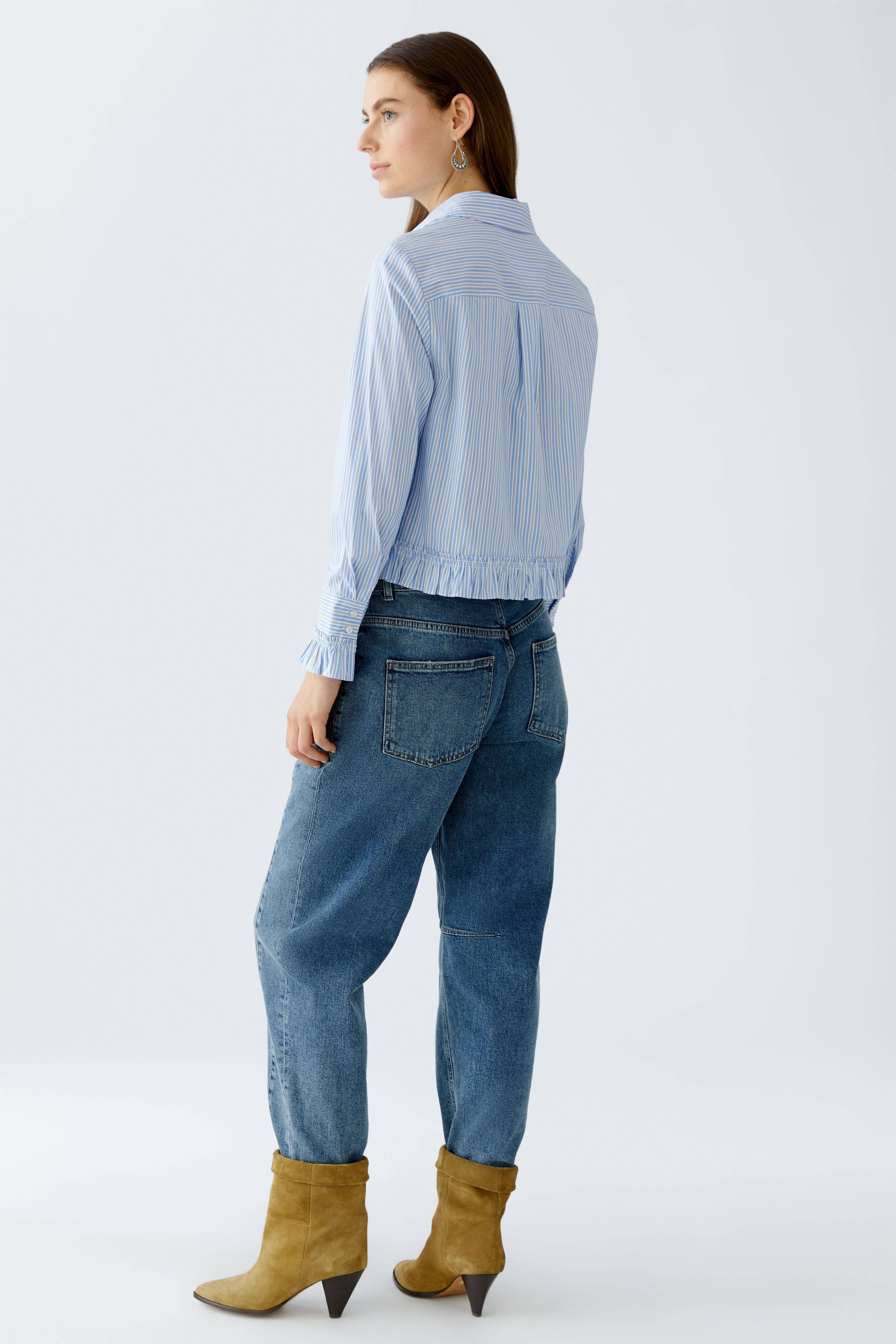 Back view of Oui blue and white striped blouse with gathered hem