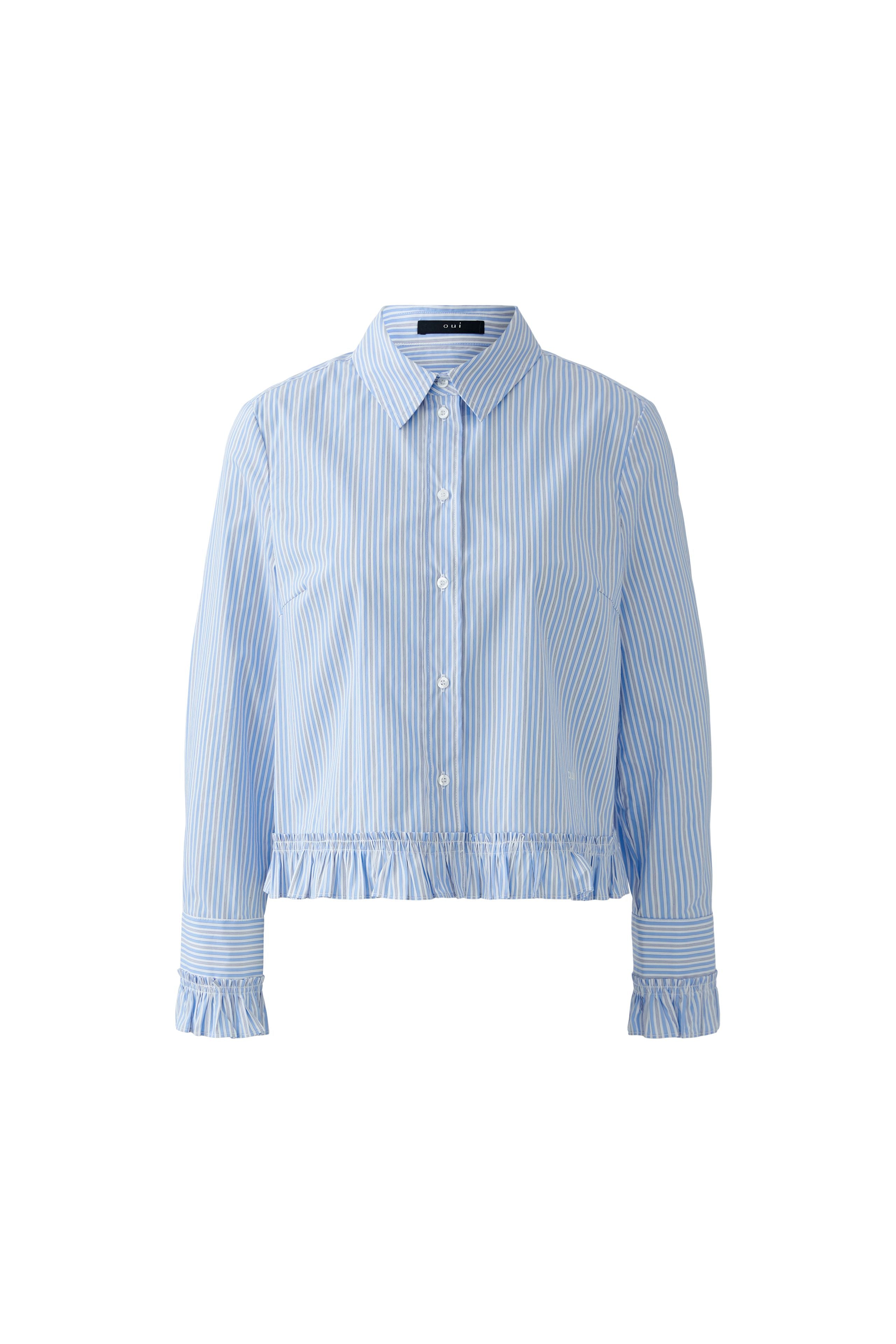 Flat lay of Oui ruffle sleeve striped cotton blouse on white background