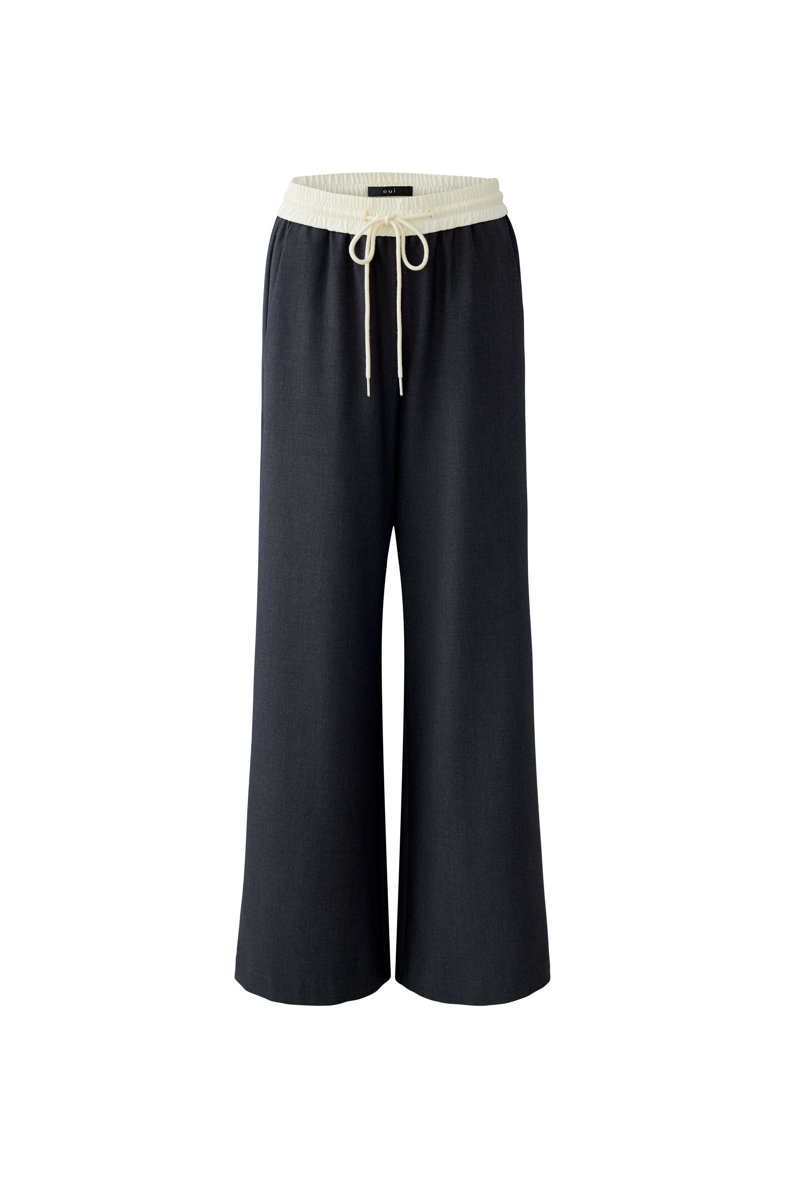 	Oui dark grey wide leg jersey trousers with cream elastic waistband