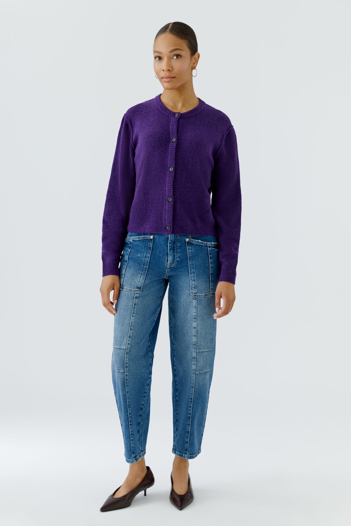 Oui purple soft knit cardigan styled with blue jeans