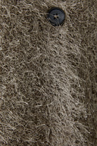 Oui Smokey Taupe Fluffy Knit Cardigan close-up texture view
Detail of frayed fringed knit fabric and button fastening