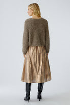 Oui Smokey Taupe Fluffy Knit Cardigan laid flat
Back view of fluffy cropped cardigan with long sleeves