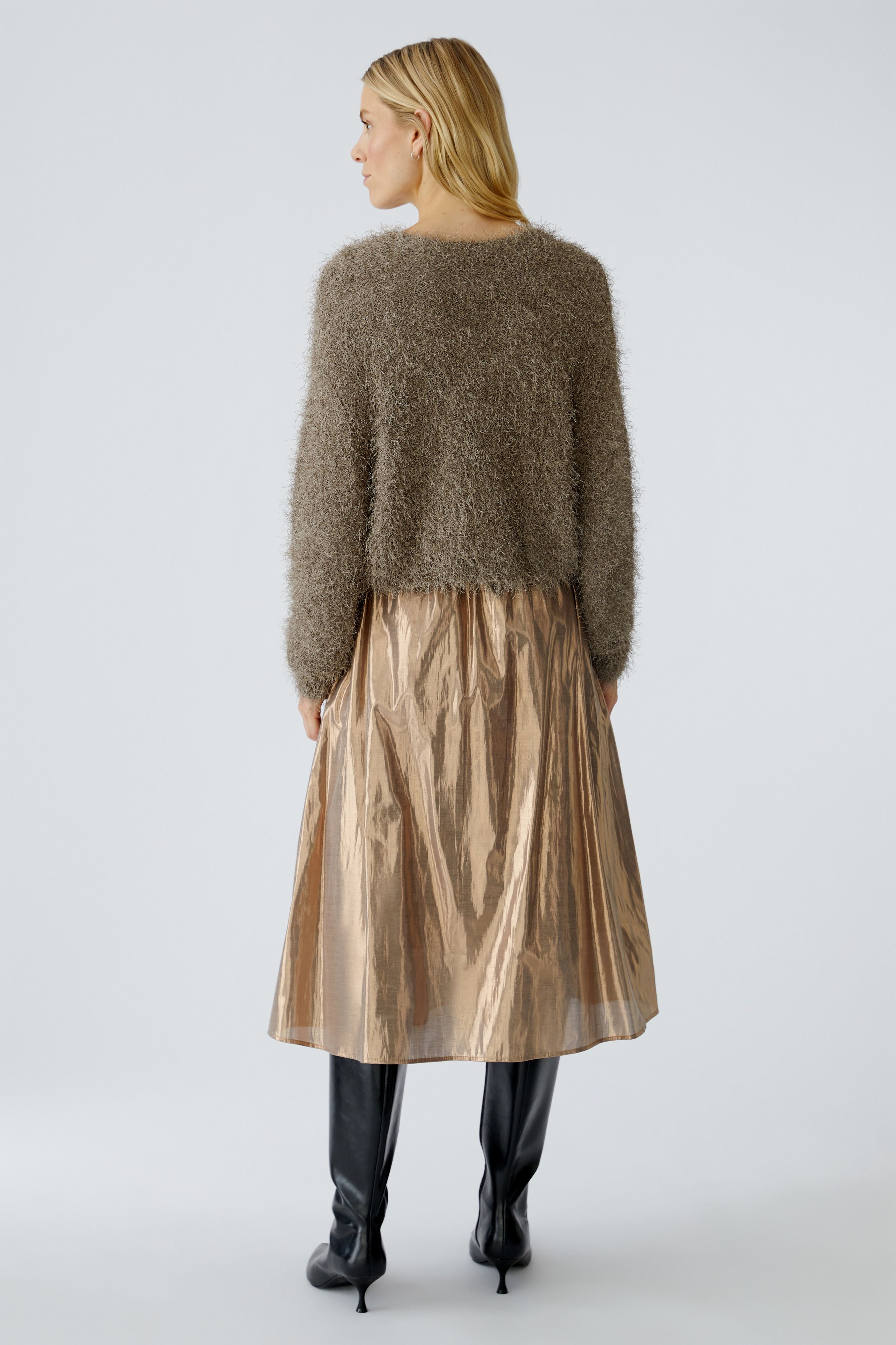 Oui Smokey Taupe Fluffy Knit Cardigan laid flat
Back view of fluffy cropped cardigan with long sleeves