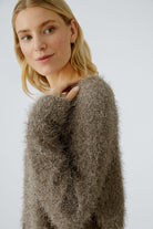 Oui Smokey Taupe Fluffy Knit Cardigan close-up texture view