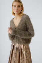 Oui Smokey Taupe Fluffy Knit Cardigan full front on model
Worn with gold metallic skirt