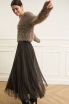 Oui Smokey Taupe Fluffy Knit Cardigan Worn with pleated midi skirt