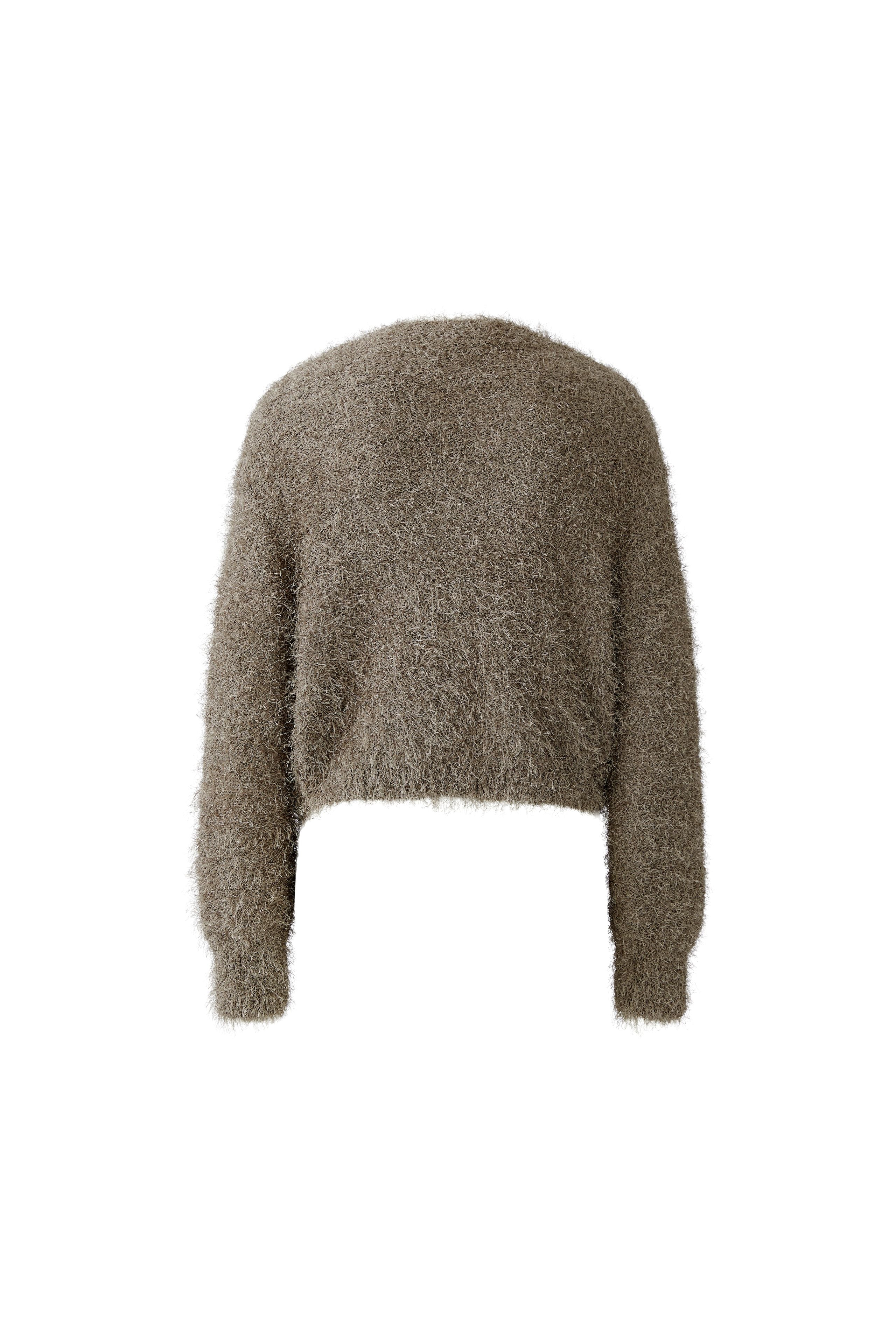 Oui Smokey Taupe Fluffy Knit Cardigan laid flat From back 