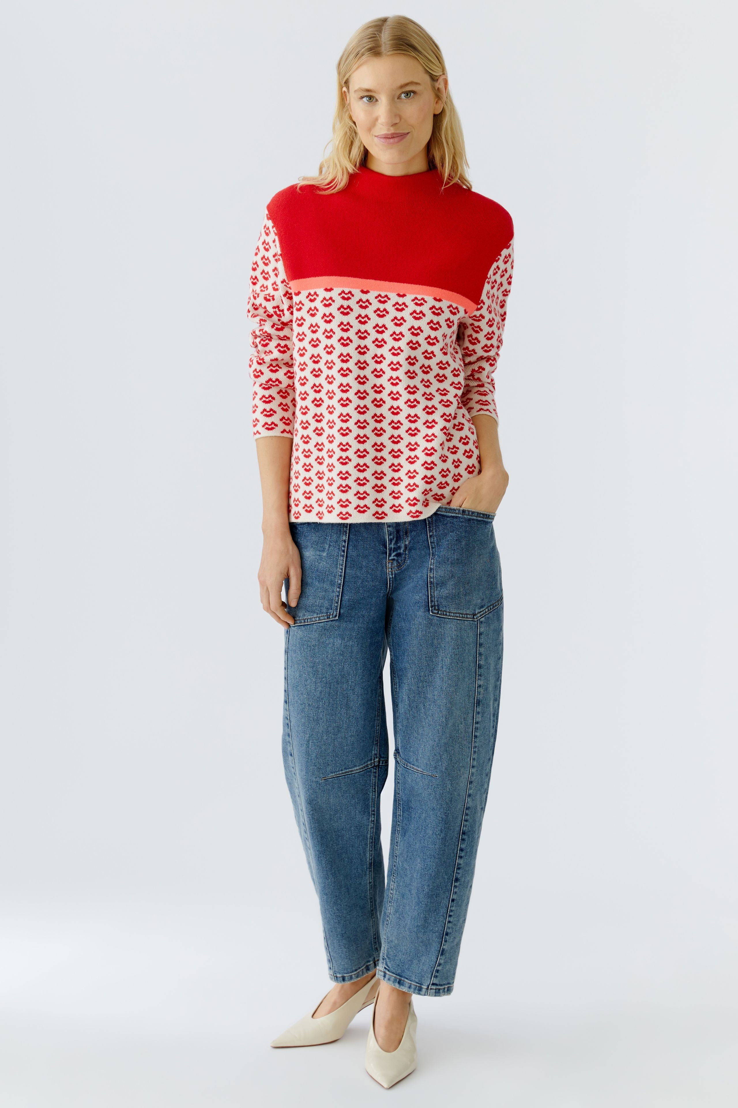 Oui red and white lip print jumper with turtleneck collar