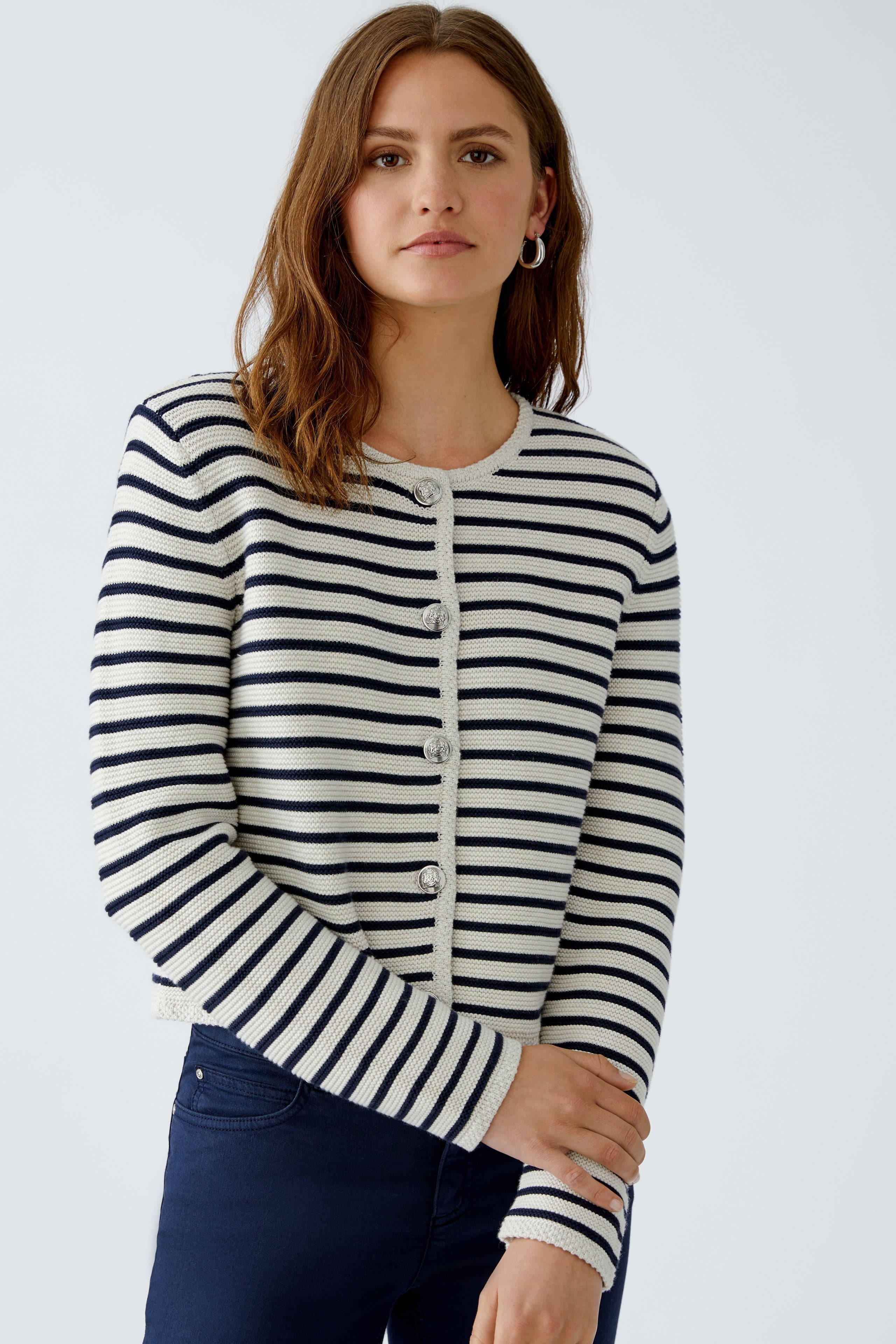 Oui striped cotton cardigan with cropped fit and signature buttons
