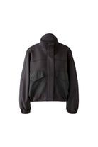 Oui dark grey scuba jacket laid flat, front view with contrast pockets
