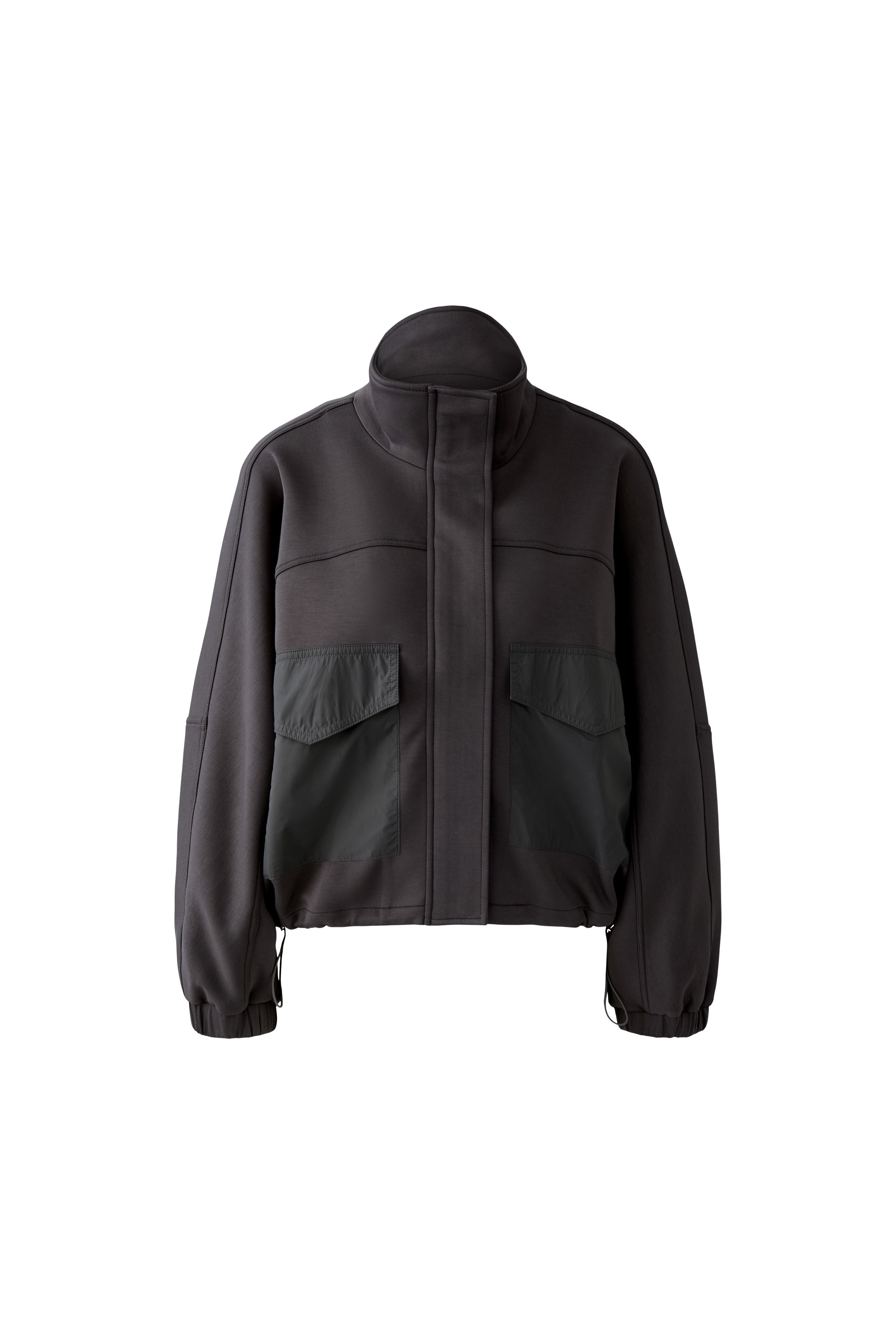 Oui dark grey scuba jacket laid flat, front view with contrast pockets
