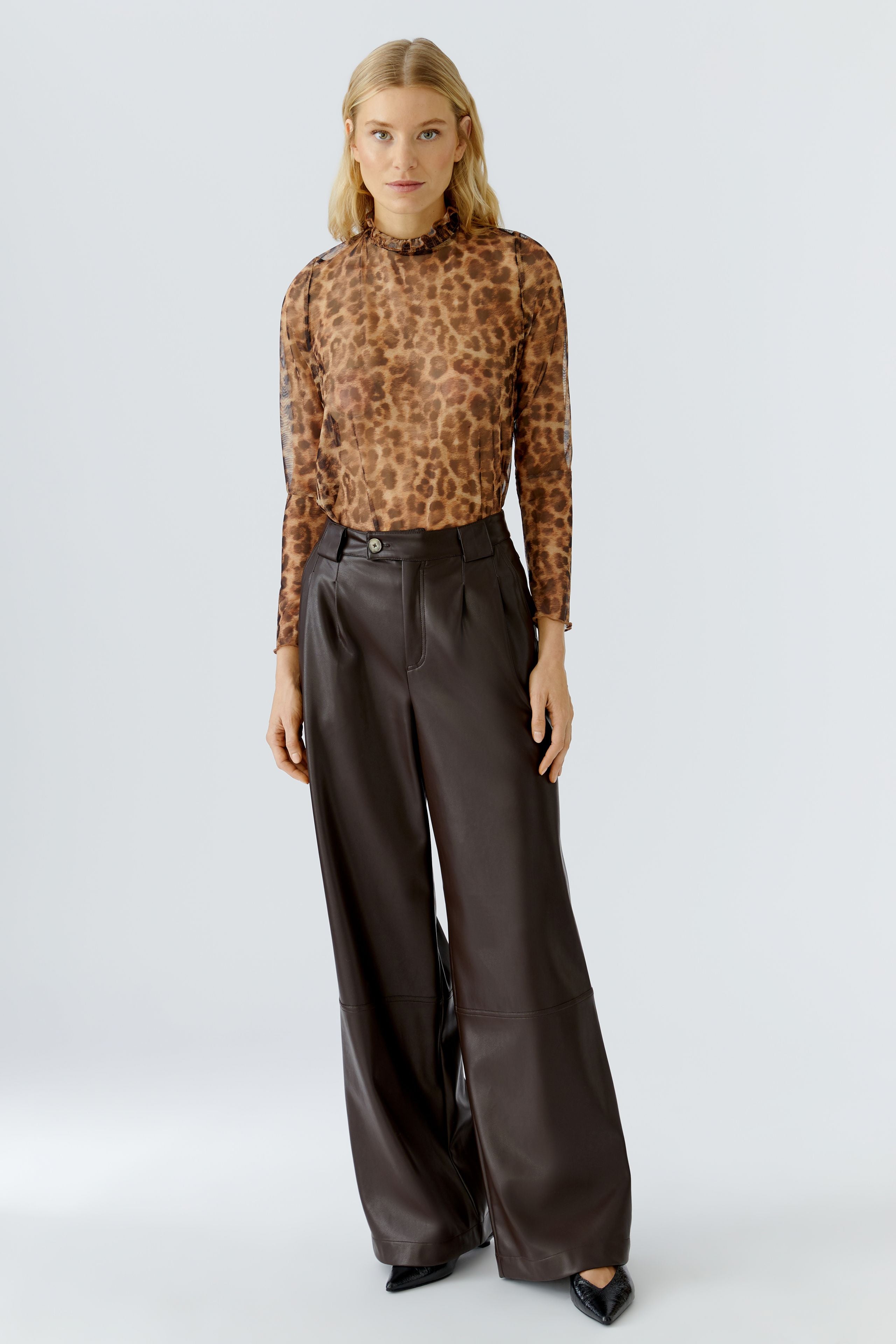 Oui leopard mesh top – full front view styled with wide-leg trousers