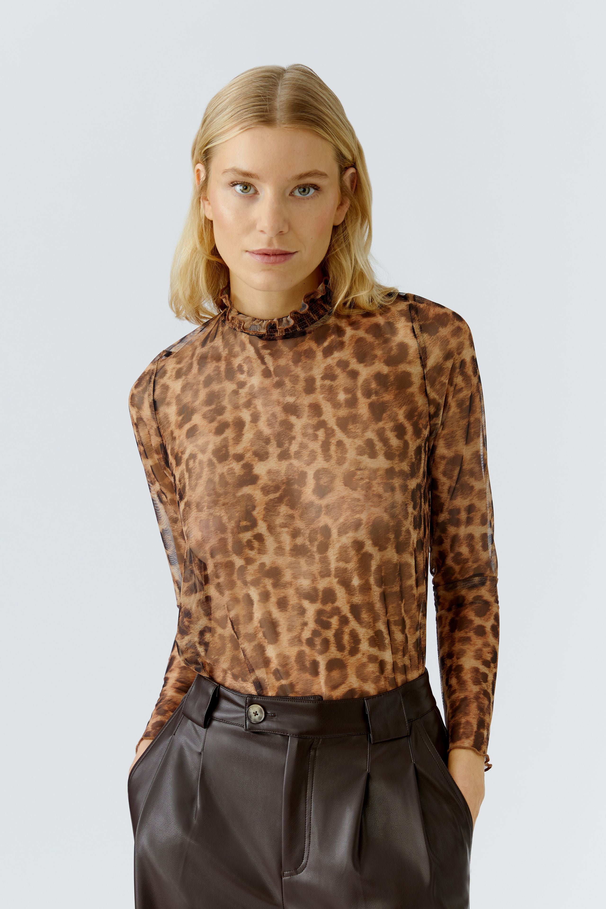 Oui sheer mesh top – straight-on view with brown animal print