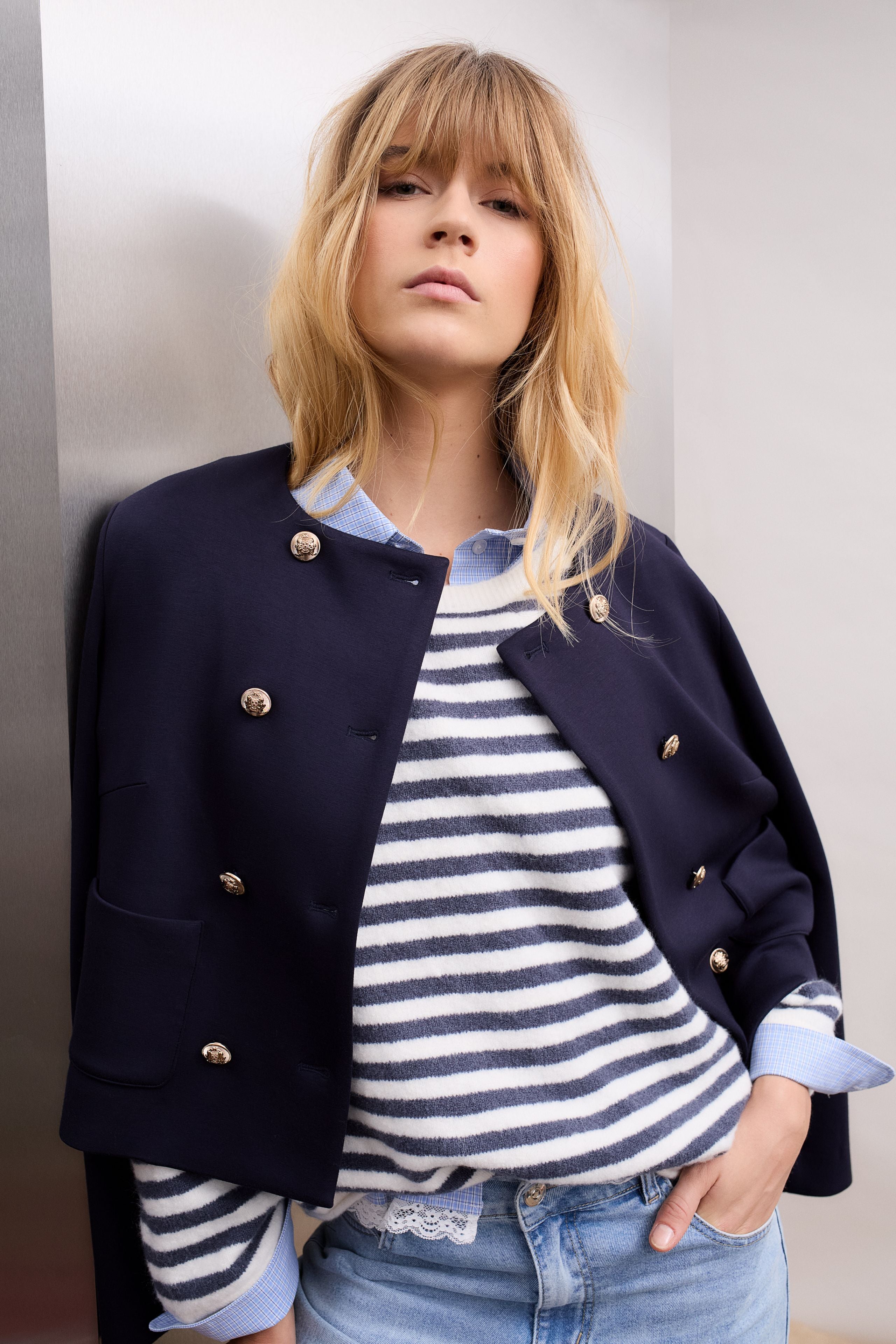 Oui navy double breasted women’s jacket styled look 