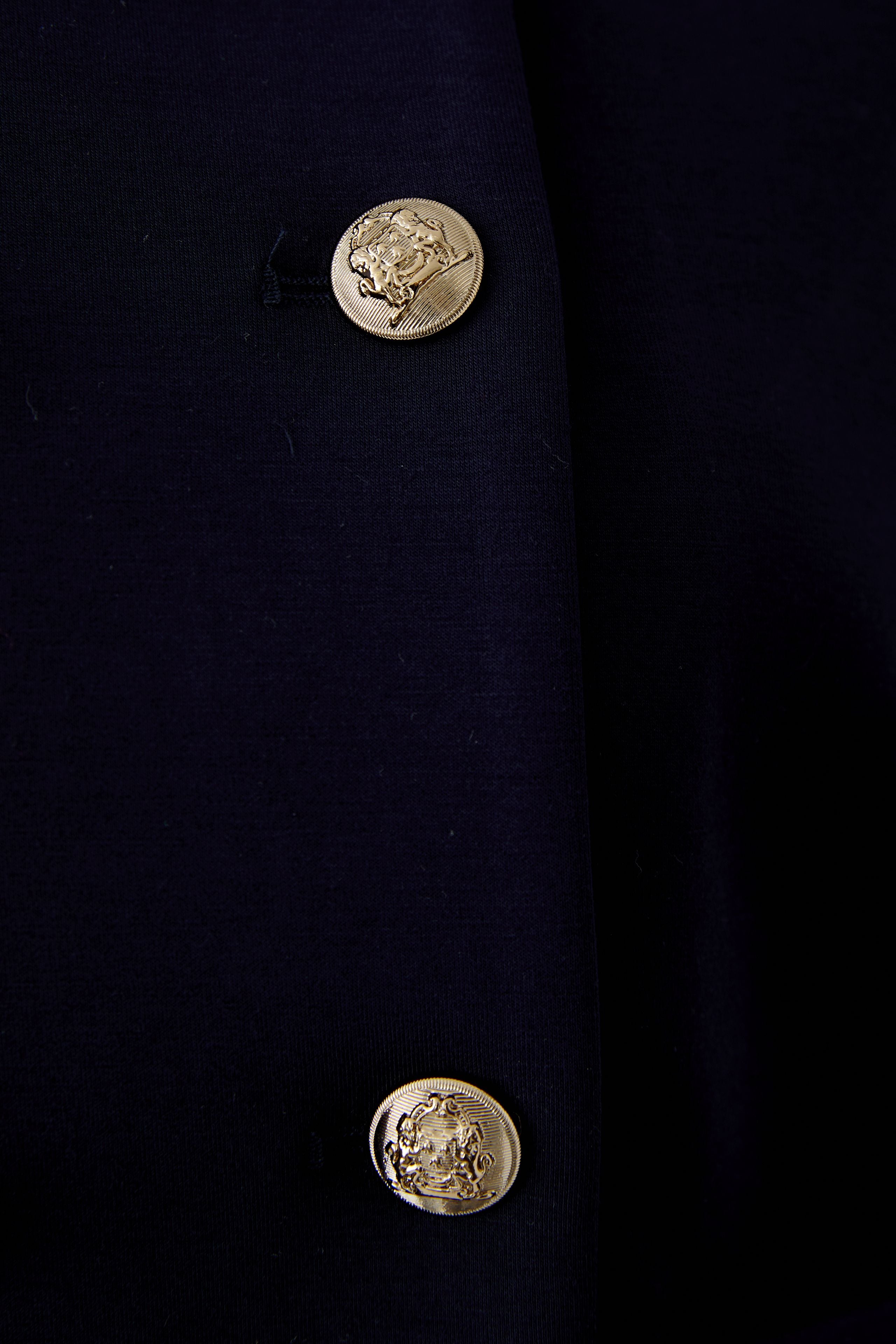 Oui crest button detail navy jacket close up