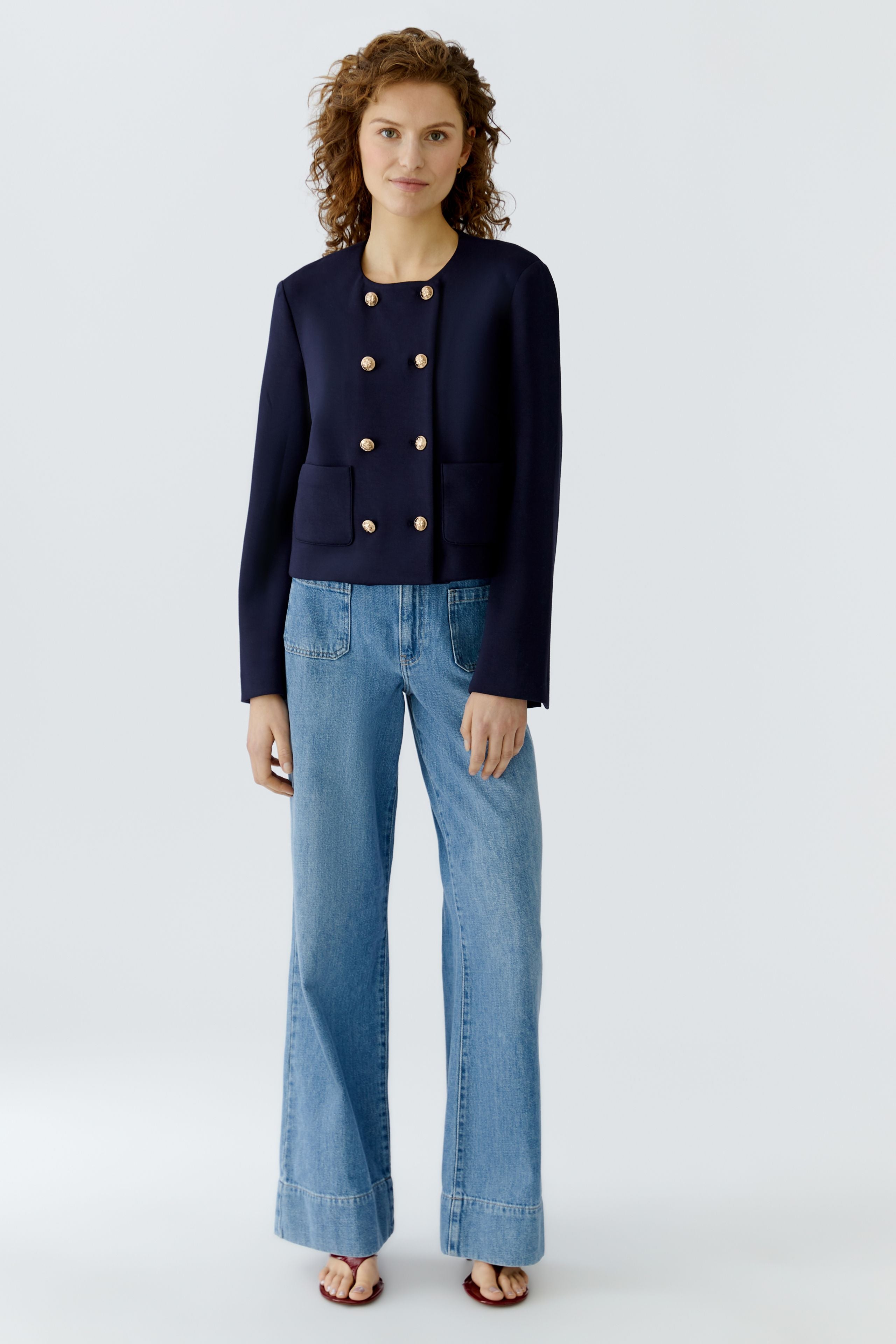 Oui navy cropped button jacket front view