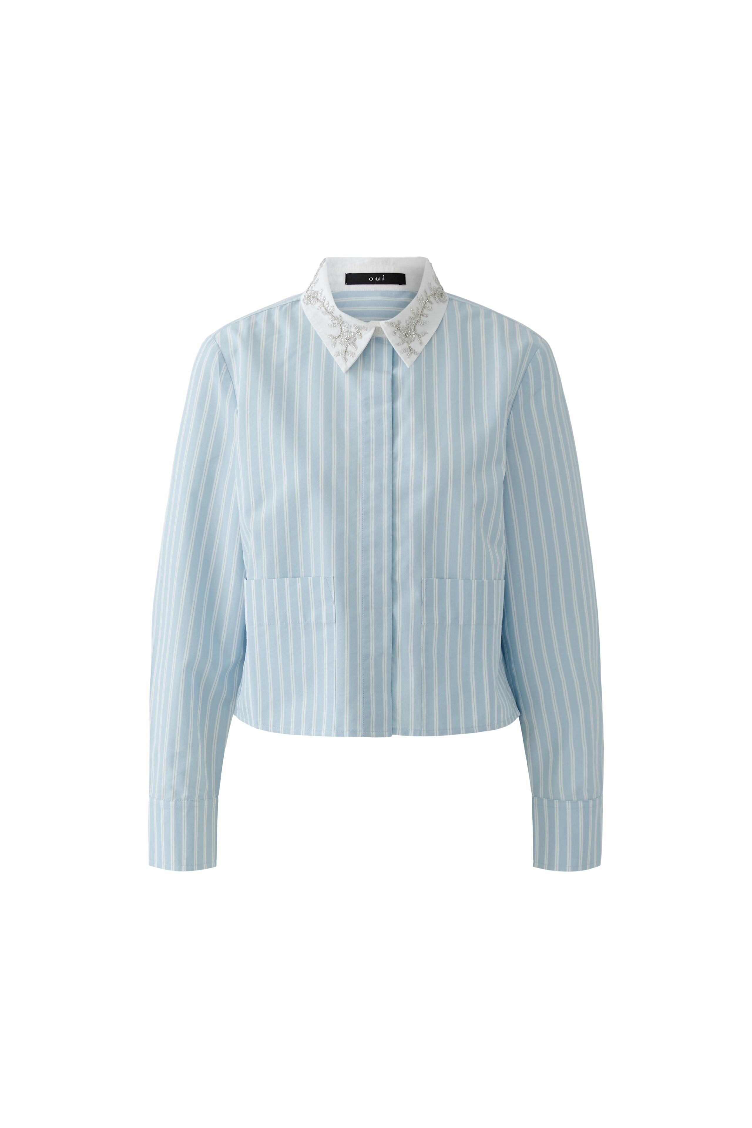 Oui blue white stripe shirt with jewelled collar front view