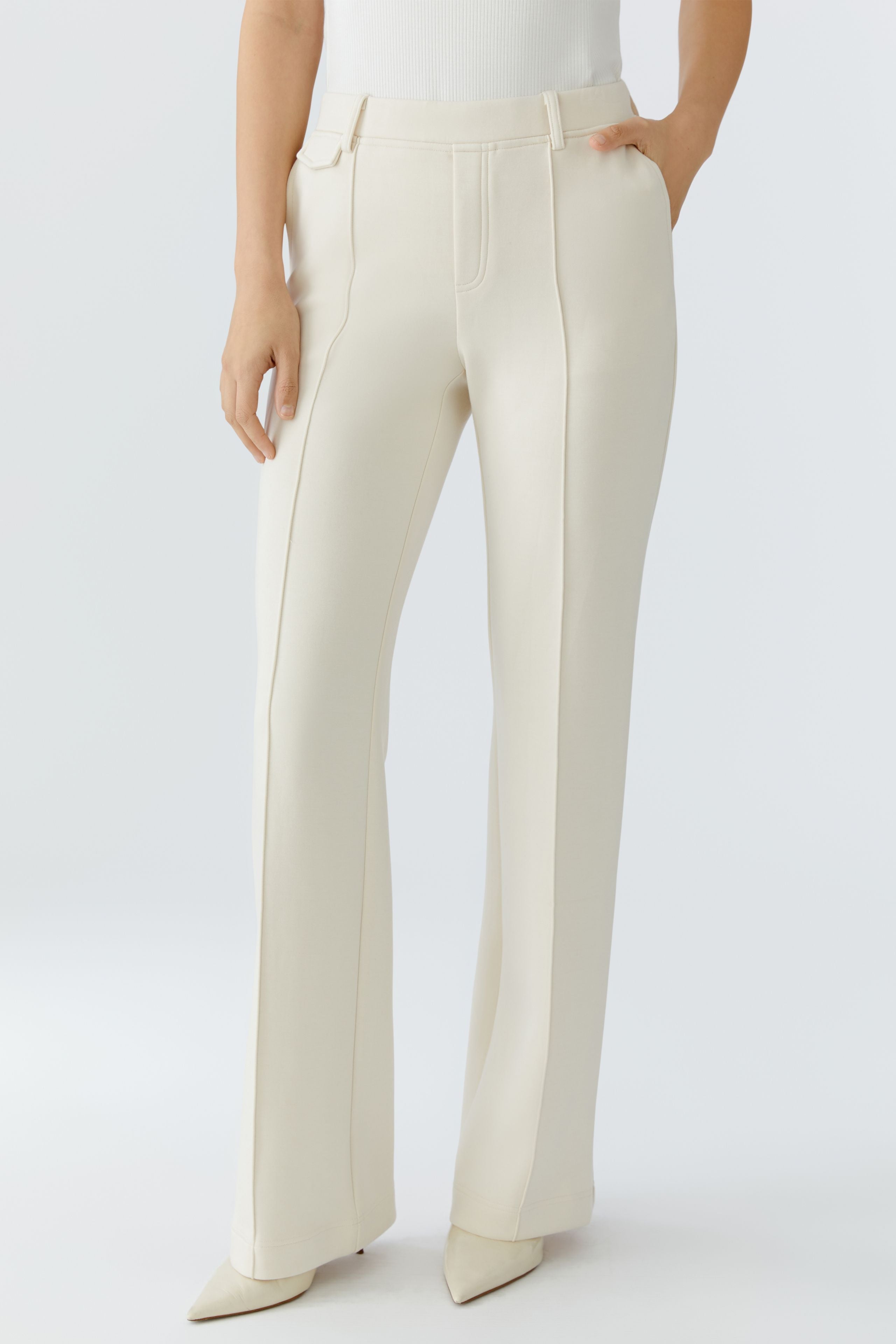 Oui wide leg cream trousers with centre front seam full length view