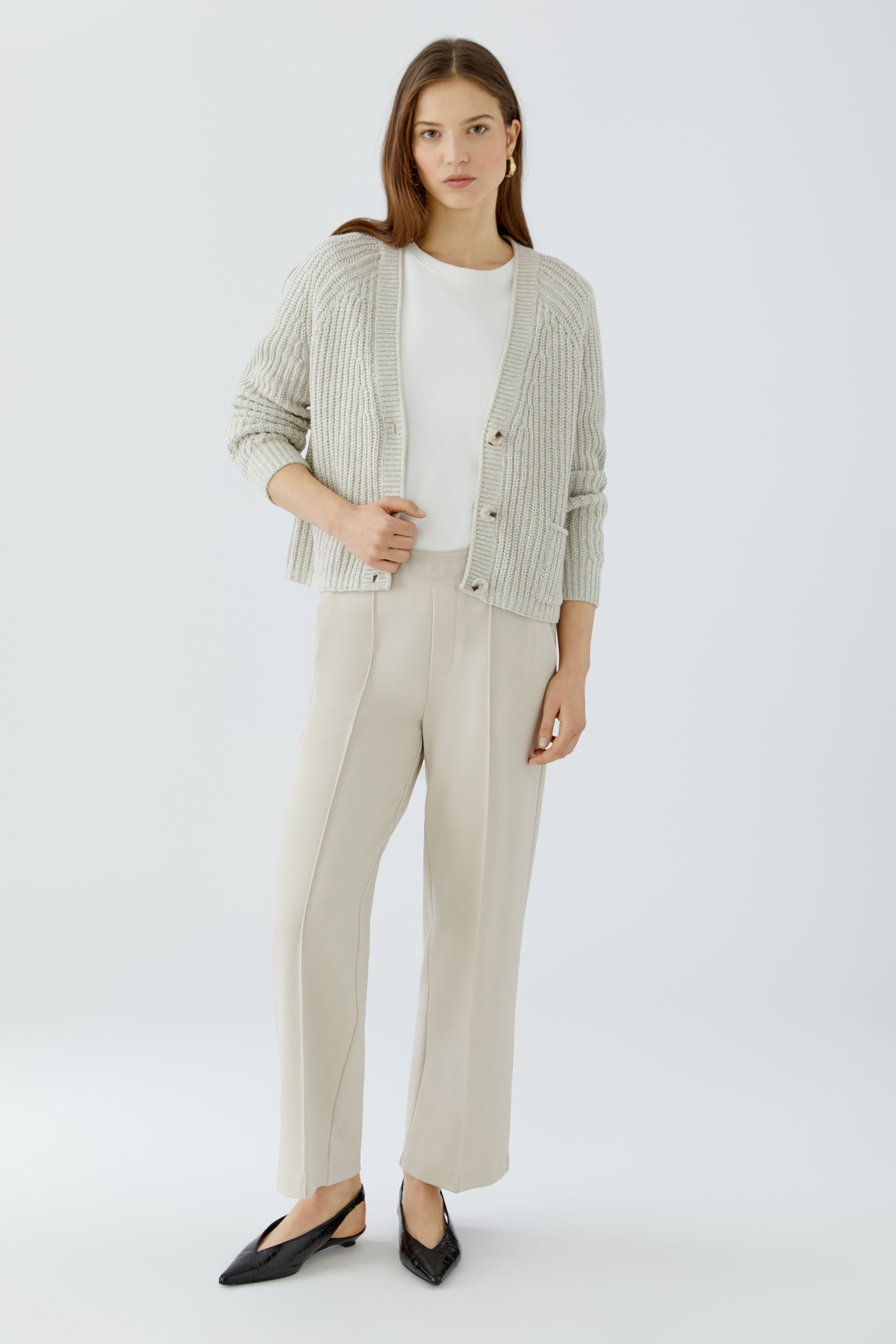 Oui NEYA cream culotte trousers styled with matching knit cardigan – front model view