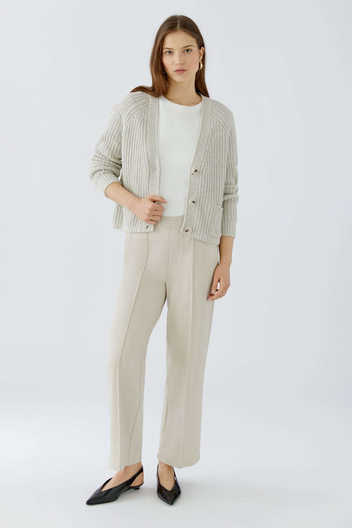 Oui NEYA cream culotte trousers styled with matching knit cardigan – front model view