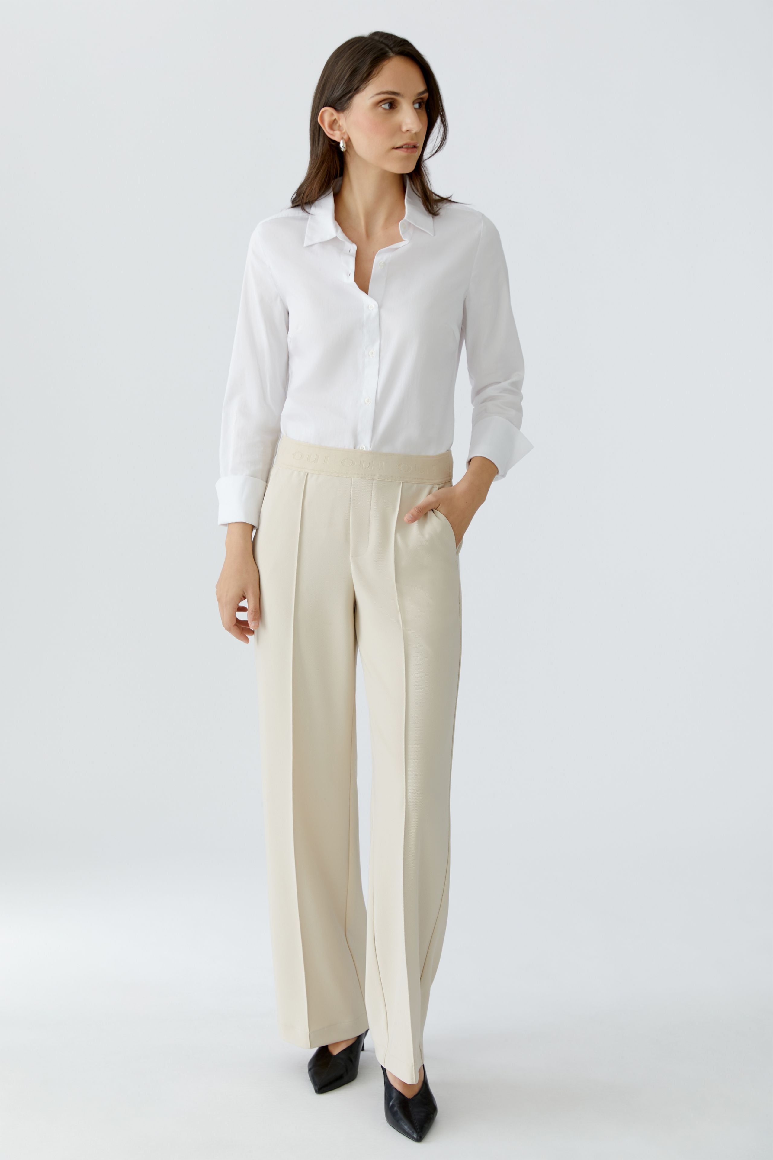 Oui off white straight leg pull on trousers full length