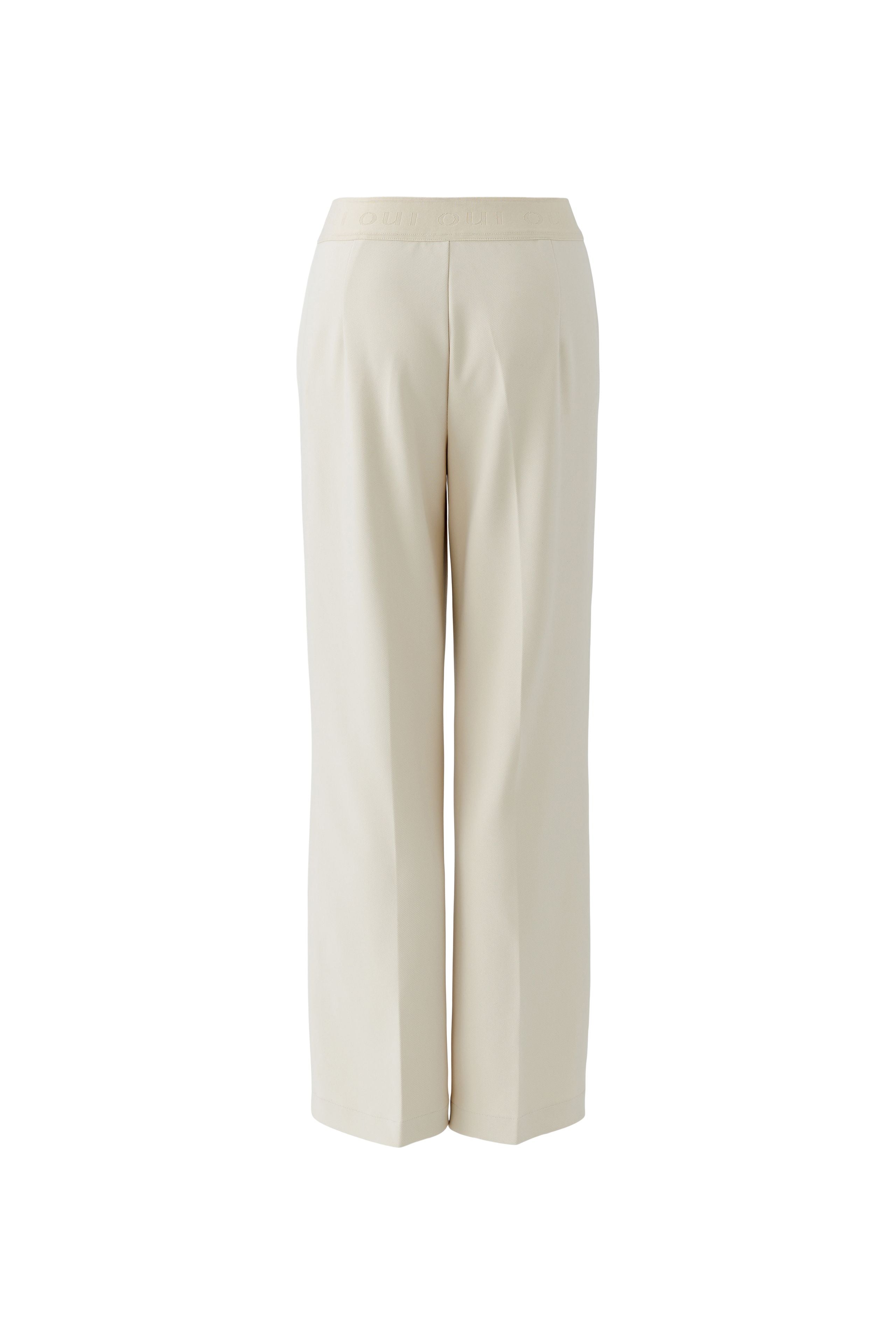 Oui beige straight leg pull on trousers with elastic waist from back 