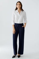 Oui navy technical jersey straight leg trousers front view