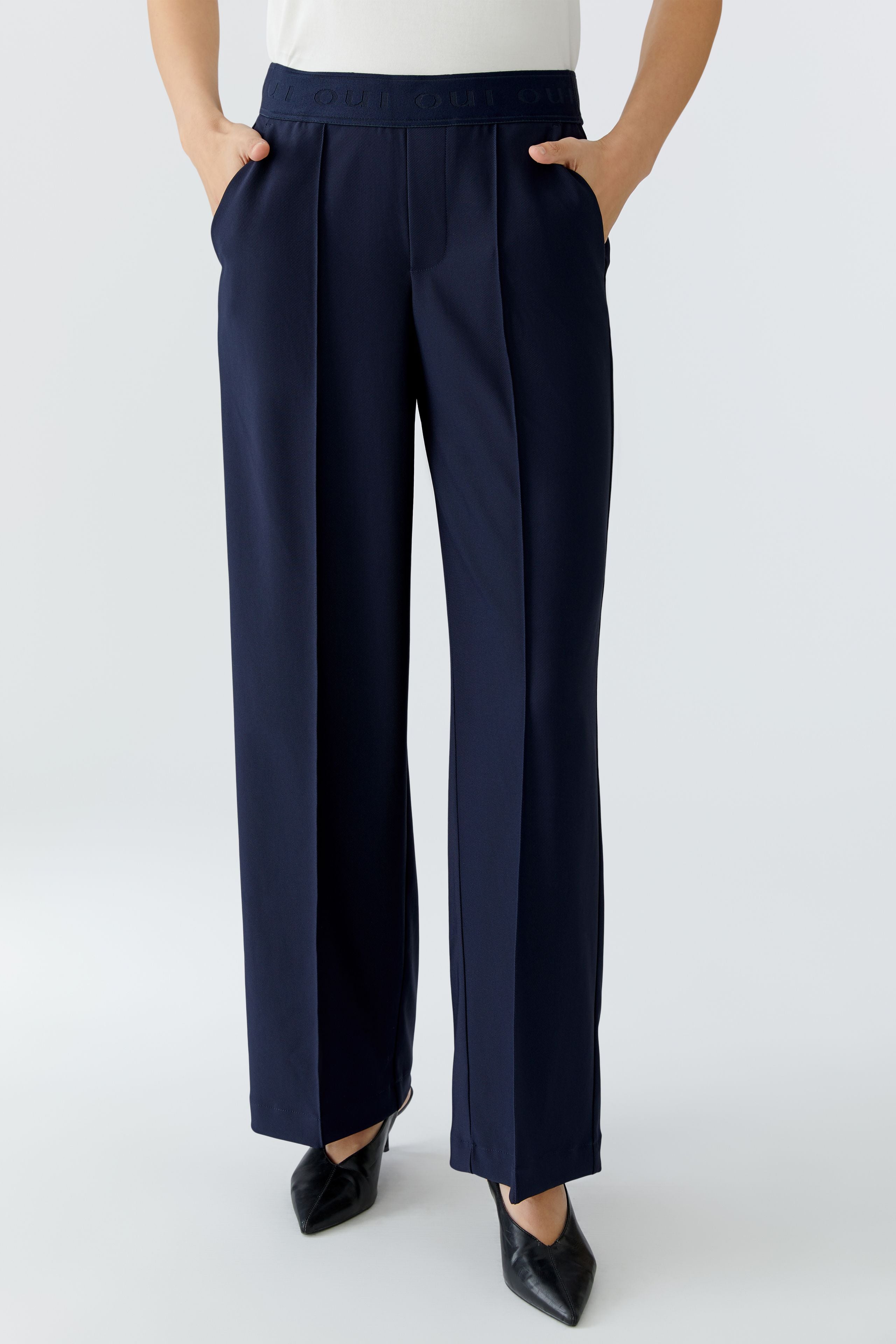 Oui navy stretch pull on trousers with elastic waistband detail
