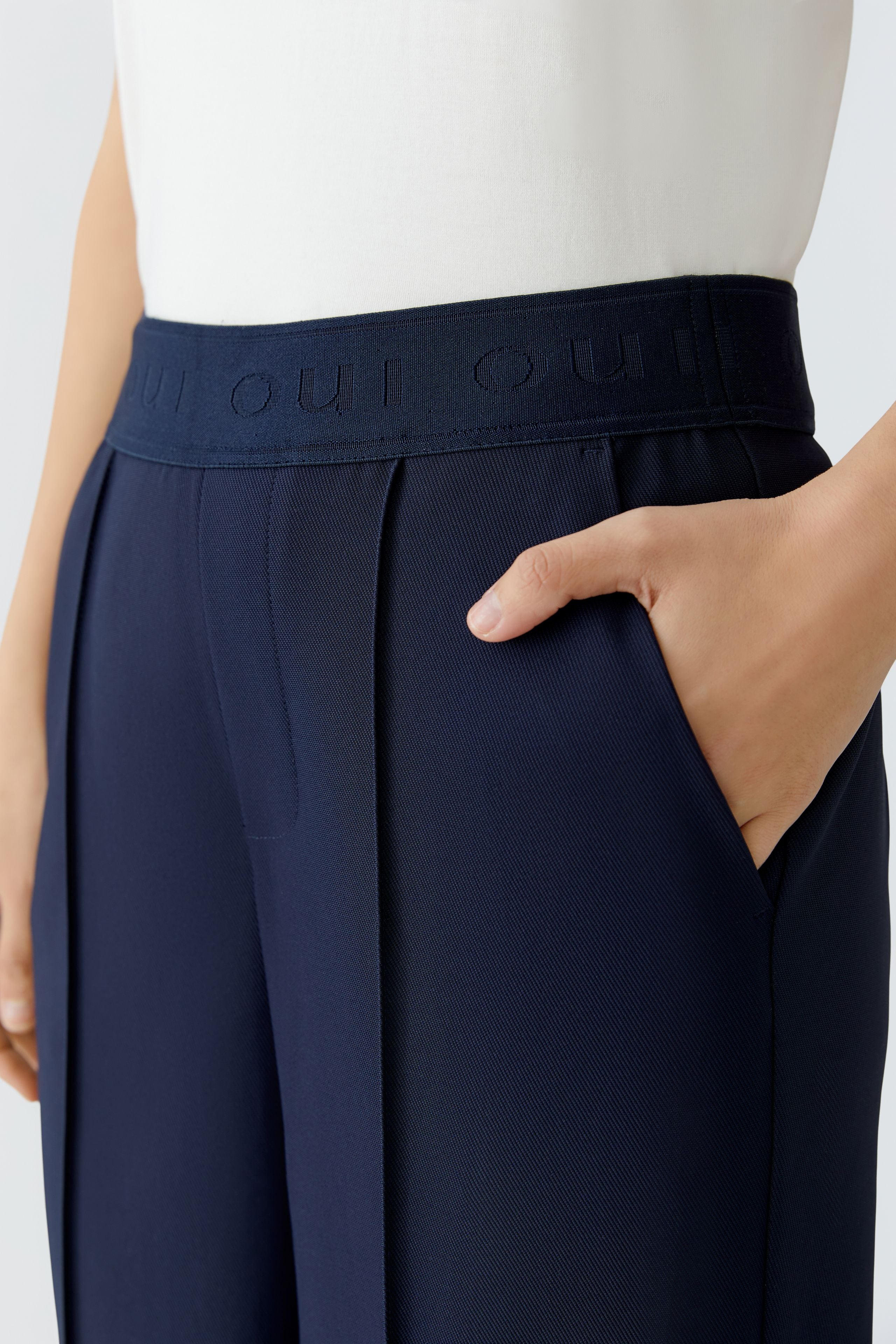 Oui navy technical jersey trousers side pocket detail