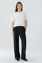 Oui Lacy black straight leg stretch trousers styled with white top