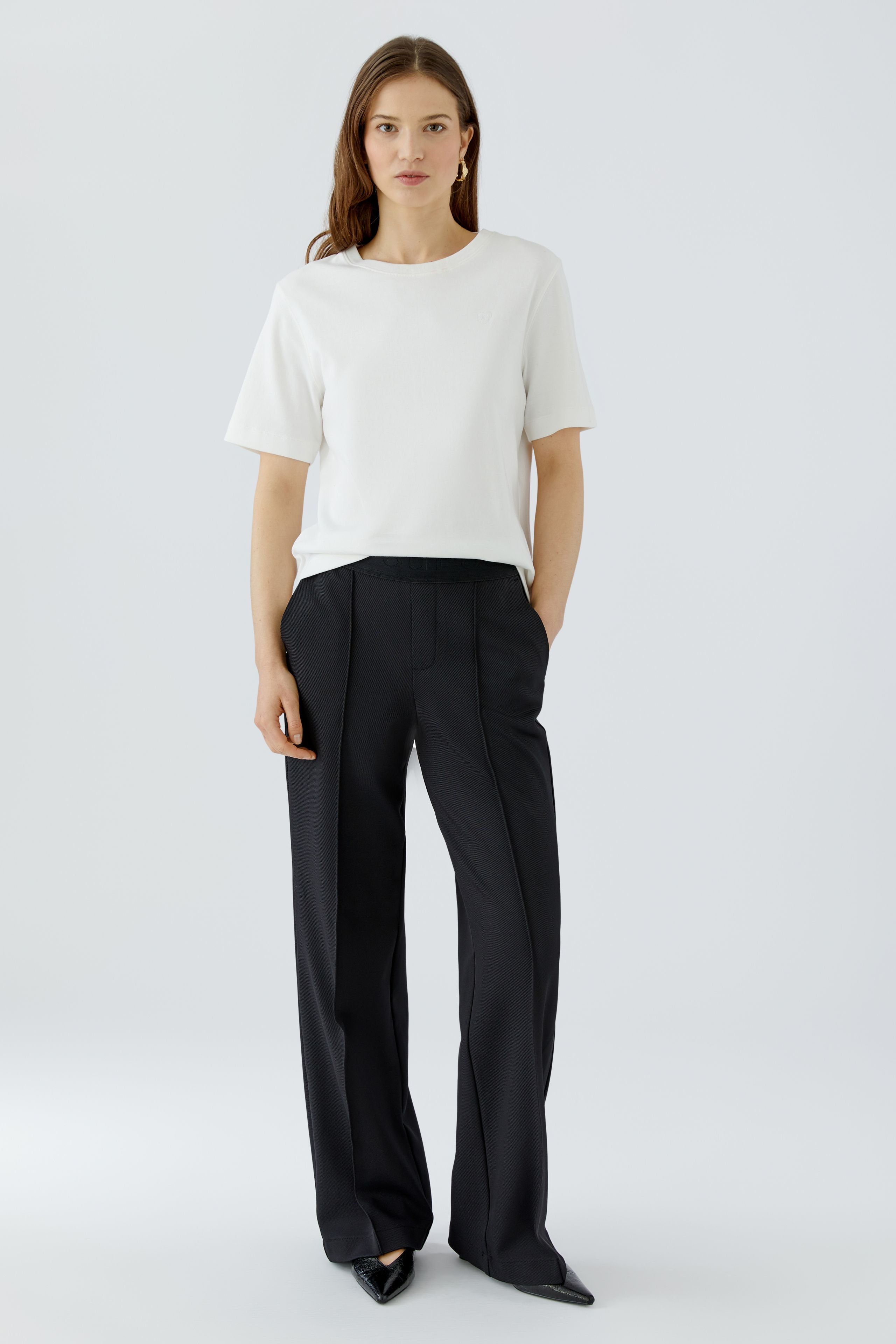 Oui Lacy black straight leg stretch trousers styled with white top